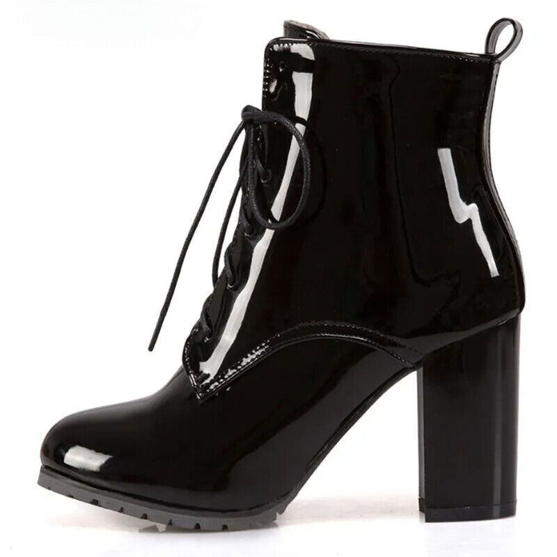 Fashion Women Patent Leather Ankle Boots Lace-up Block High Heels Large size 48
