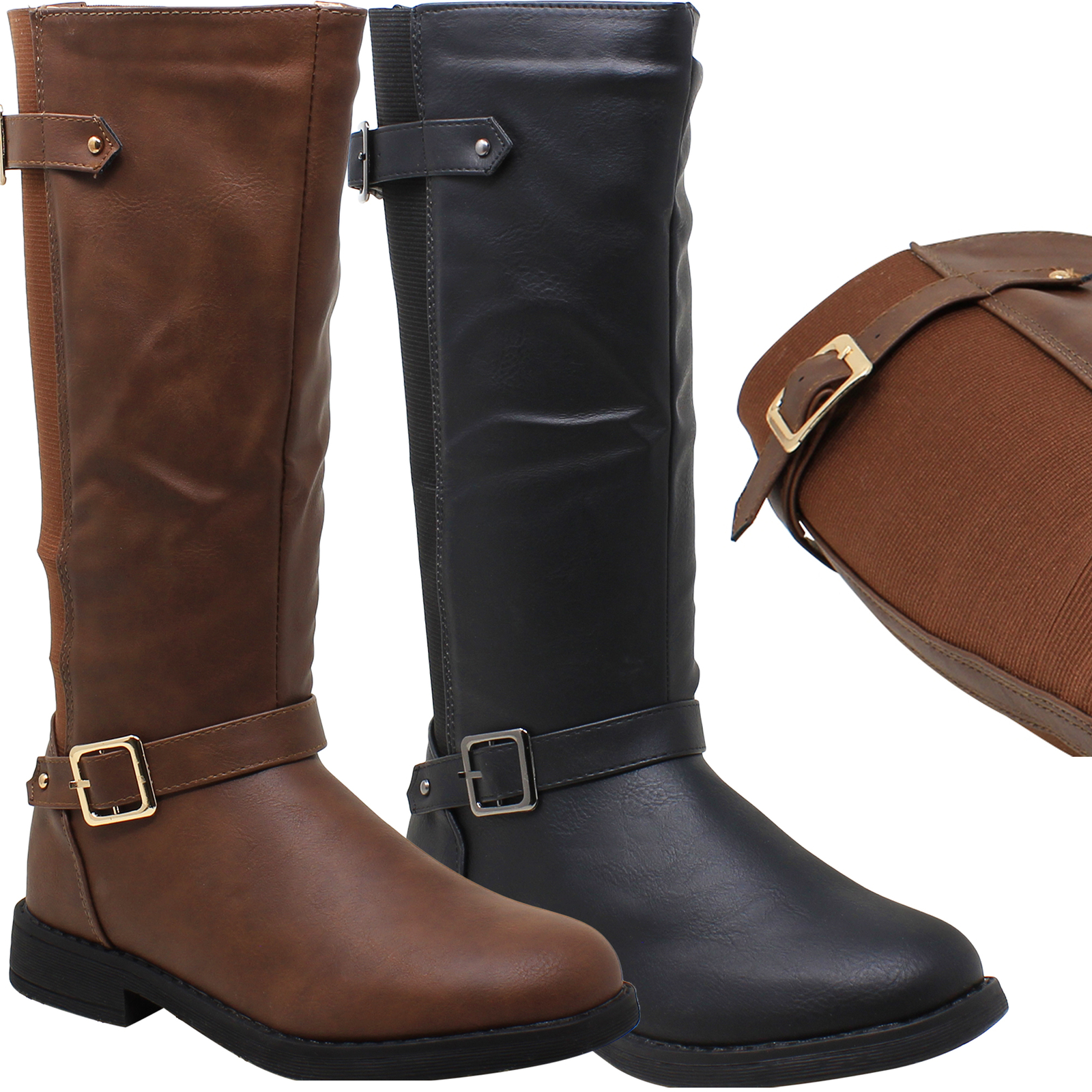 Kids Girls Boots Mid-Calf Knee-High Low Heels Zip Close Riding Elastics Back