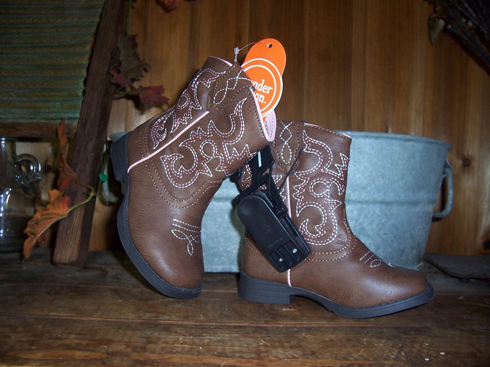 WONDER NATION GIRLS TODDLER SLIP ON COWBOY BOOTS SHOES SIZE 6 BROWN PINK NEW