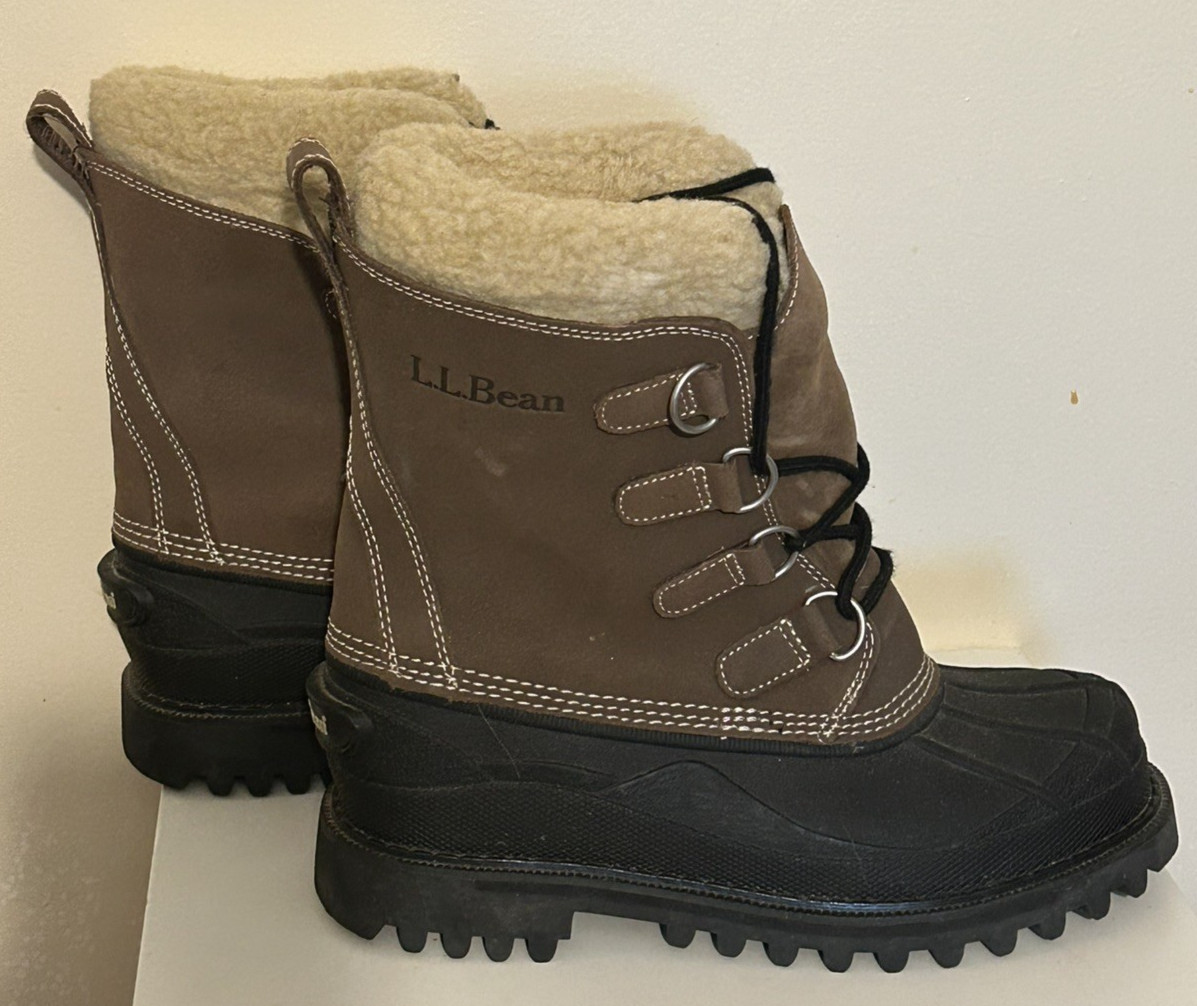 LL Bean Women Winter Boots 8 Brown Leather Sherpa Insulated Rubber Oil Resistant