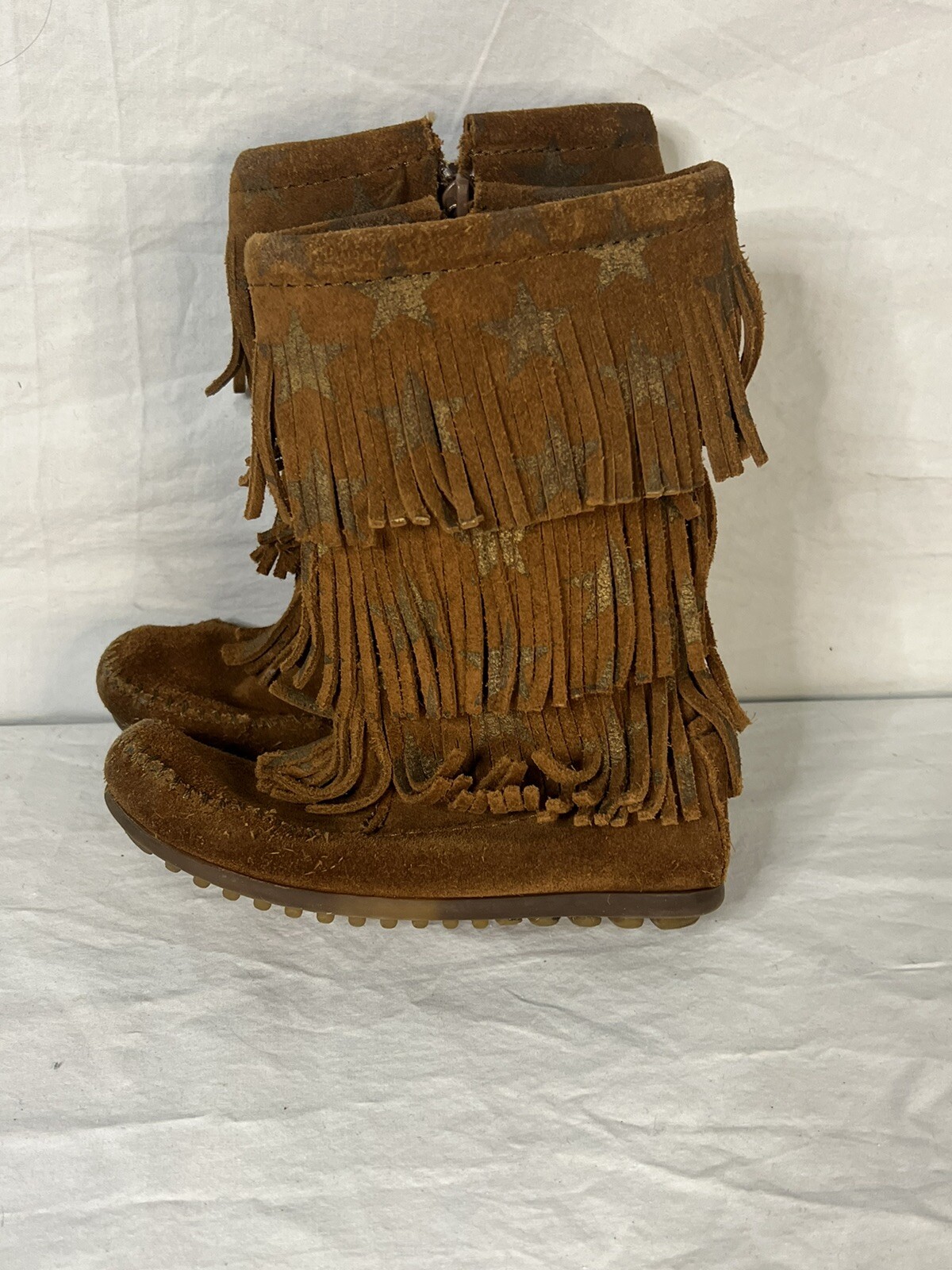 Minnetonka Girls Boots Size 10 Brown Suede 3 Layer Fringe Gold Star 2652S