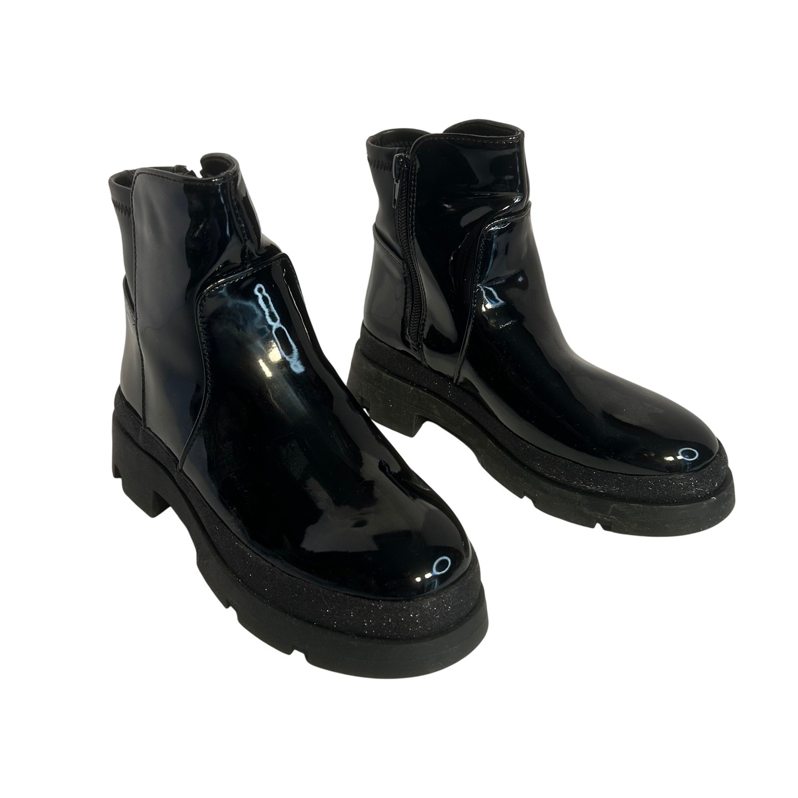 Steve Madden Kids Black Patent Glitter Platform Zip Ankle Boots Size 3