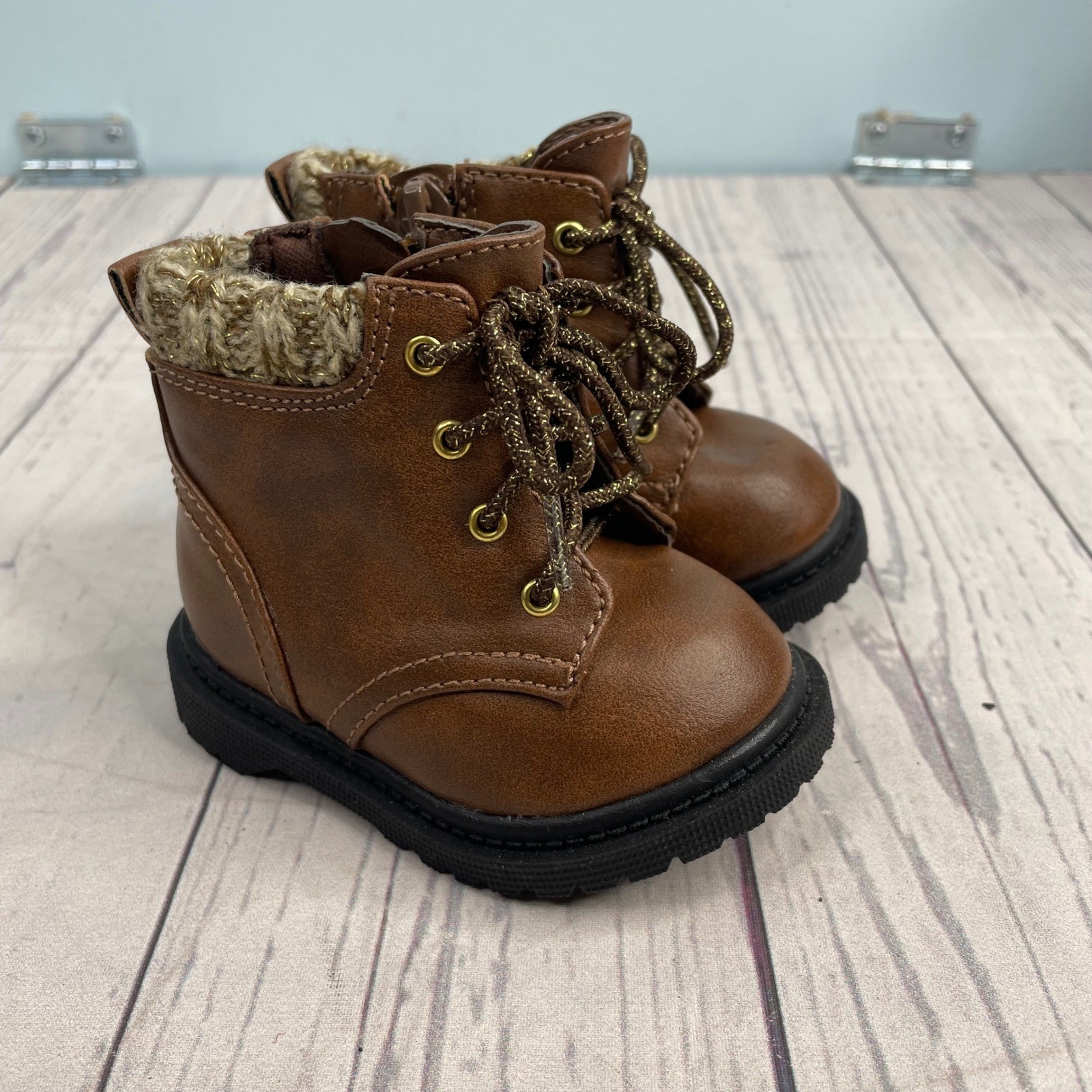 Baby Toddler sz 2 Brown Lace Up Fall Boots Knit Collar Side Zip Waterproof Sole