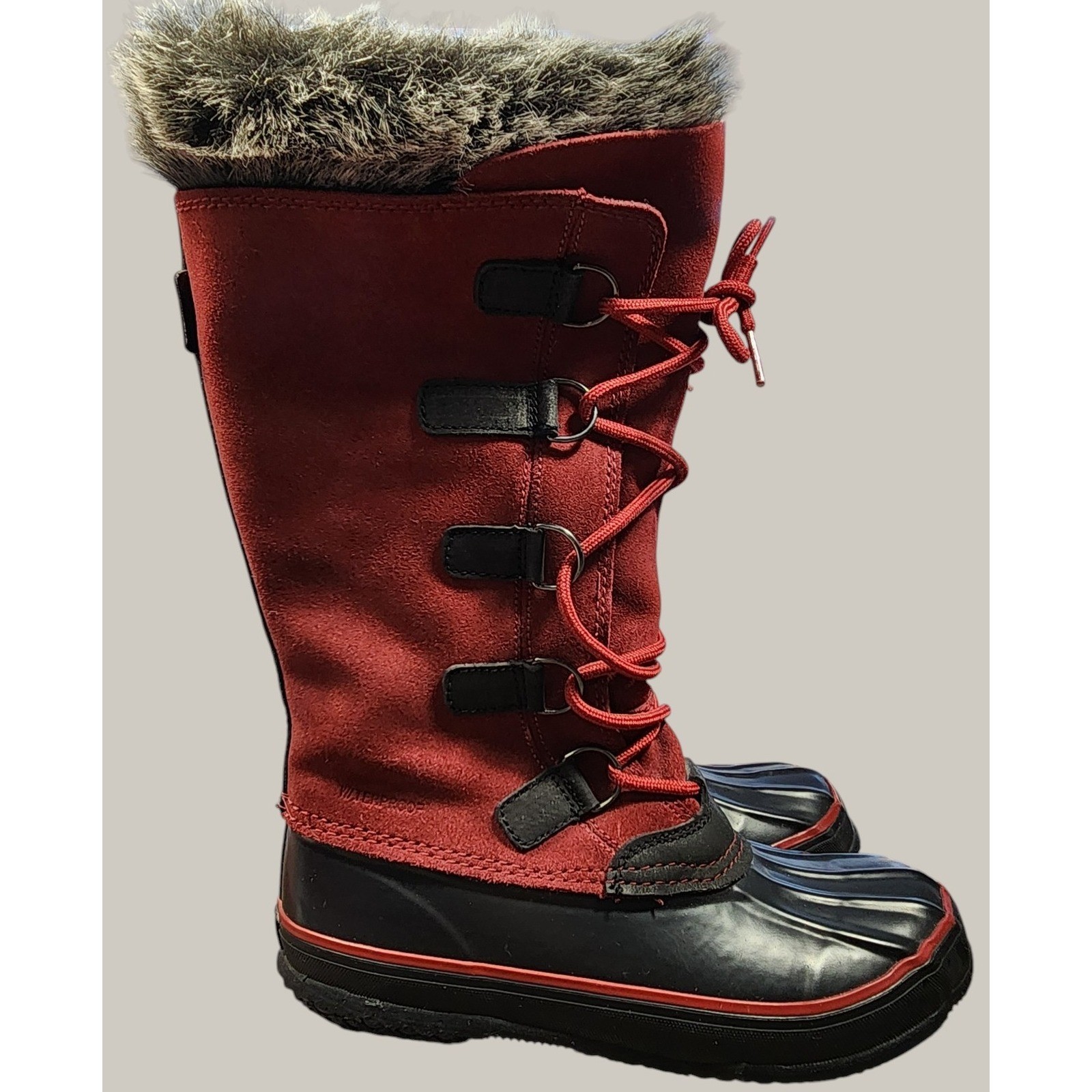 Kamik Solitude Jr Waterproof Winter Boots Red Suede Removable Fur Liner Sz 5