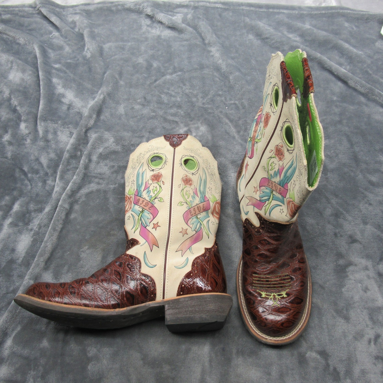 Ariat Women Boots 10B Brown Pink Ride Live Embroider Tattoo Rose Western Cowgirl