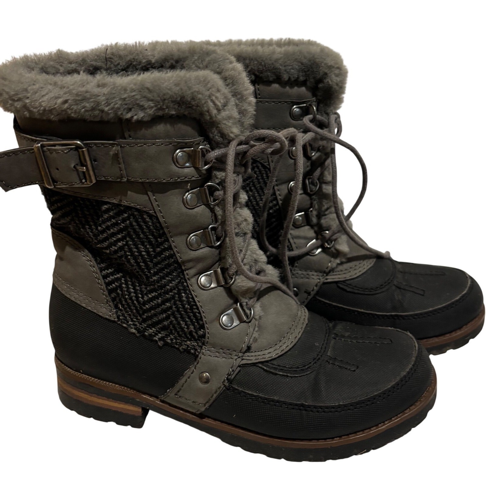 Rock Candy Danlea Women Winter Boots Lace Up Fur Lined Buckle Tweed Gray Sz 7