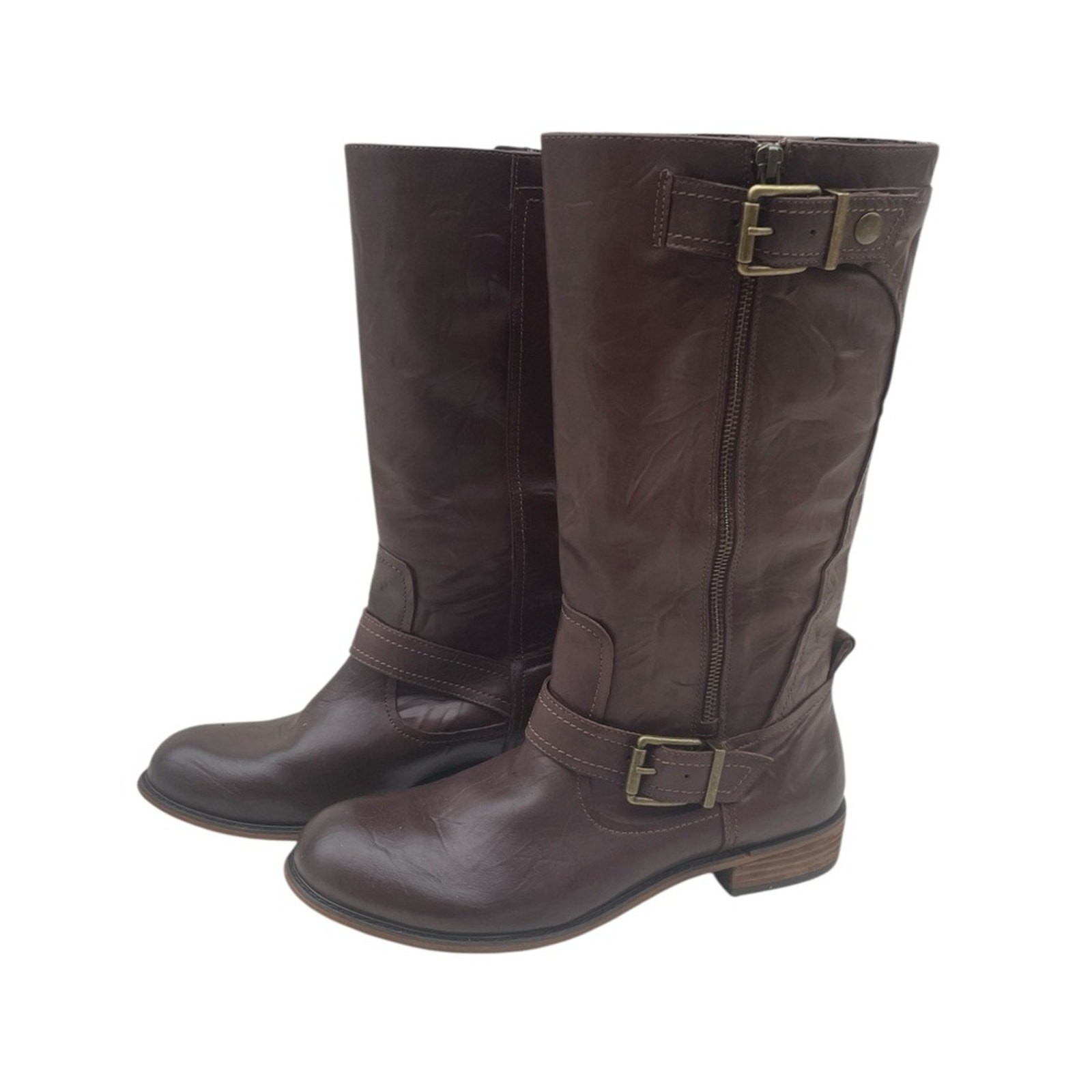 Gianni Bini Women Shoes Boots Wrinkled Leather Side Zip Belted Brown Size 9.5 M