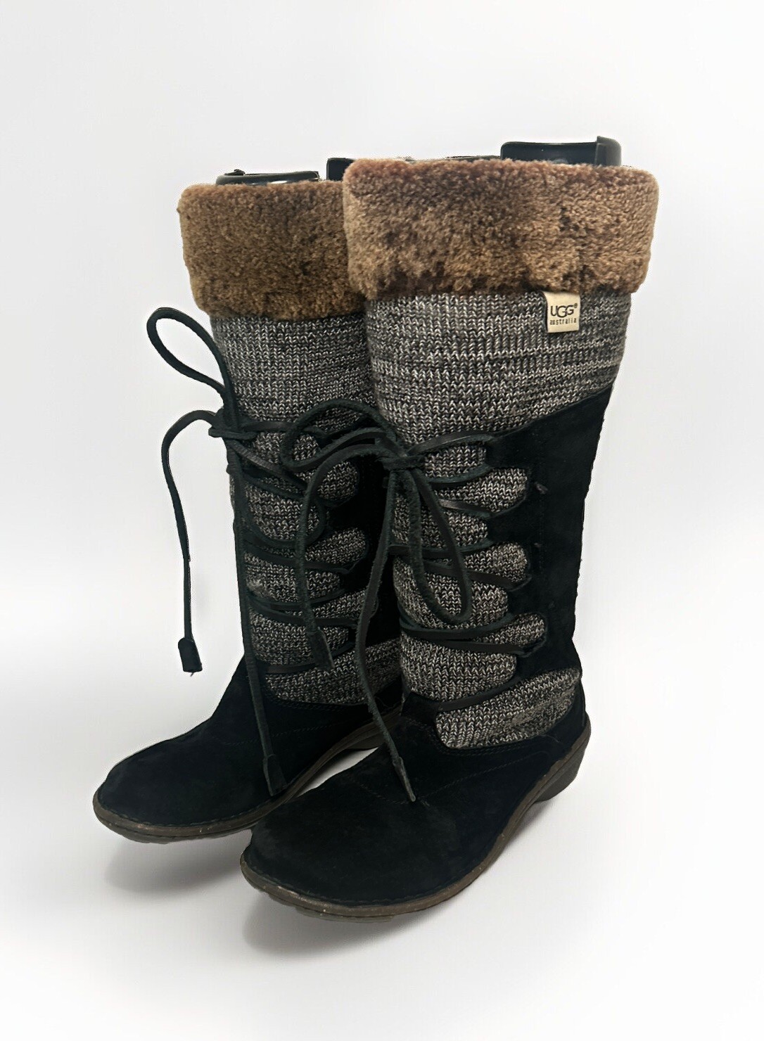 UGG Torrey Suede/Knit Paneled Lace Up Women Boots Size 7 Shearling Fur Lined