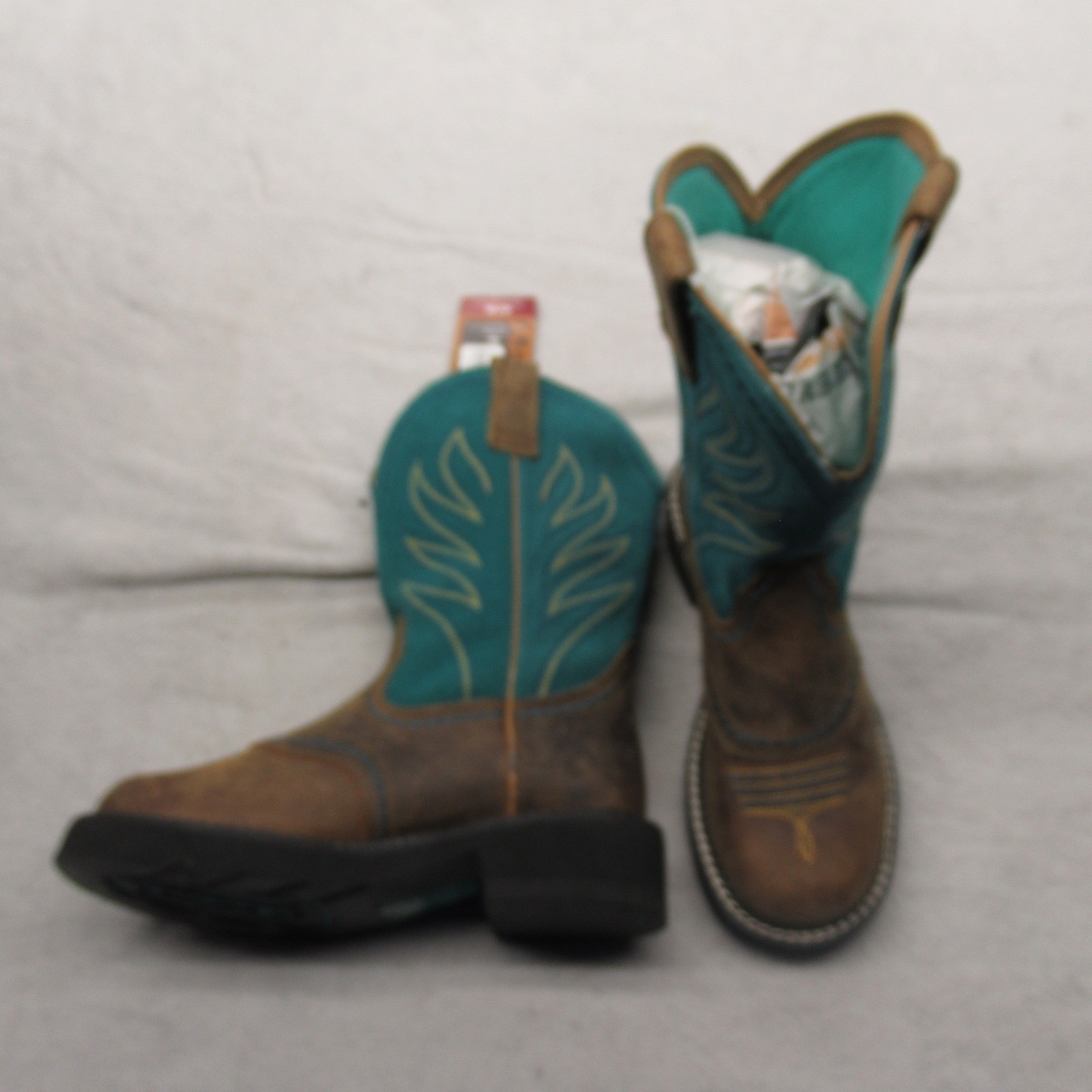 Ariat Women Boots 6.5B Brown Teal Probably Flame Leather ATS Western Cowgirl NEW