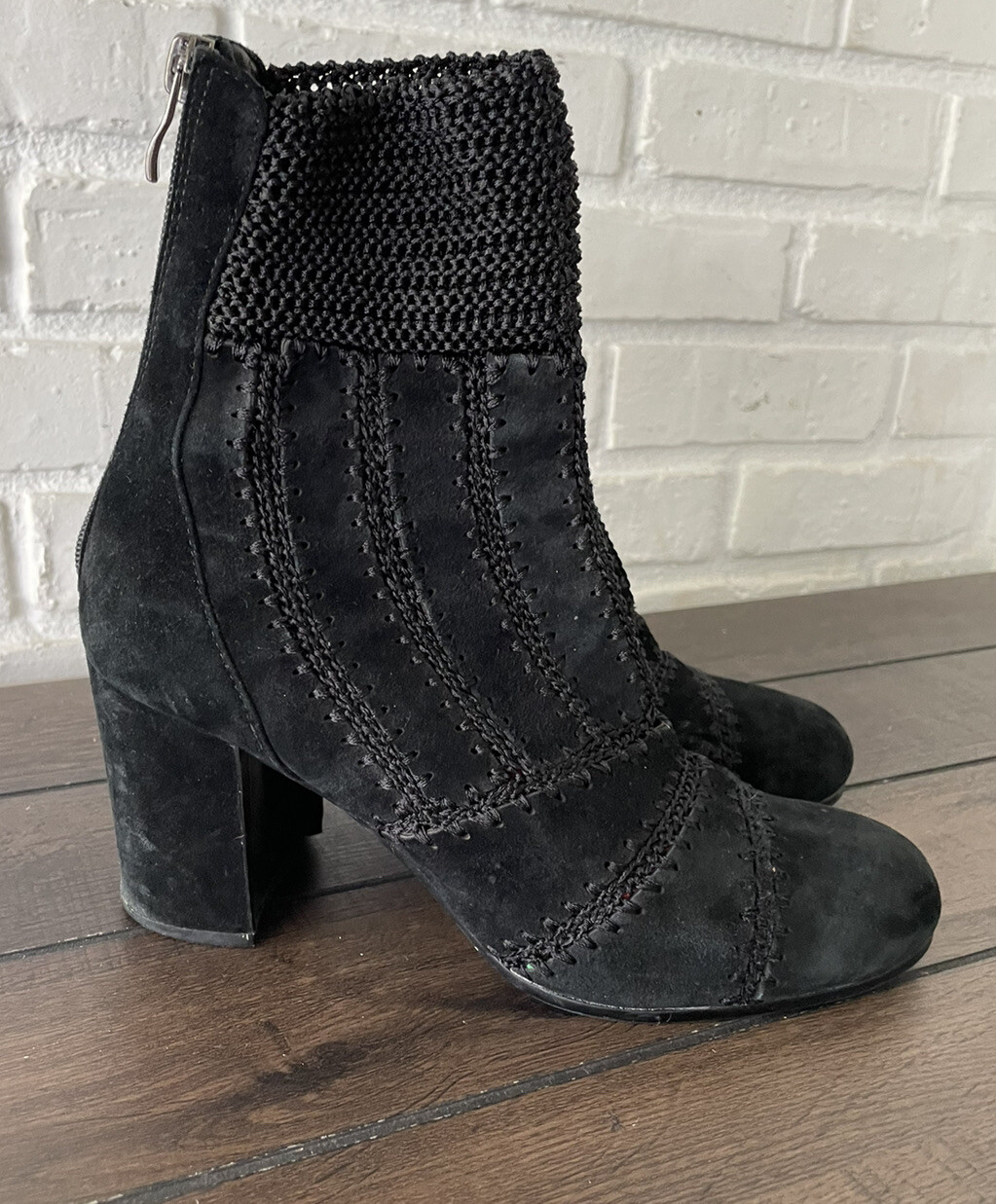Anthropologie Silent D Yasmin Patchwork Knit Black Suede Women Boots SZ 9.5