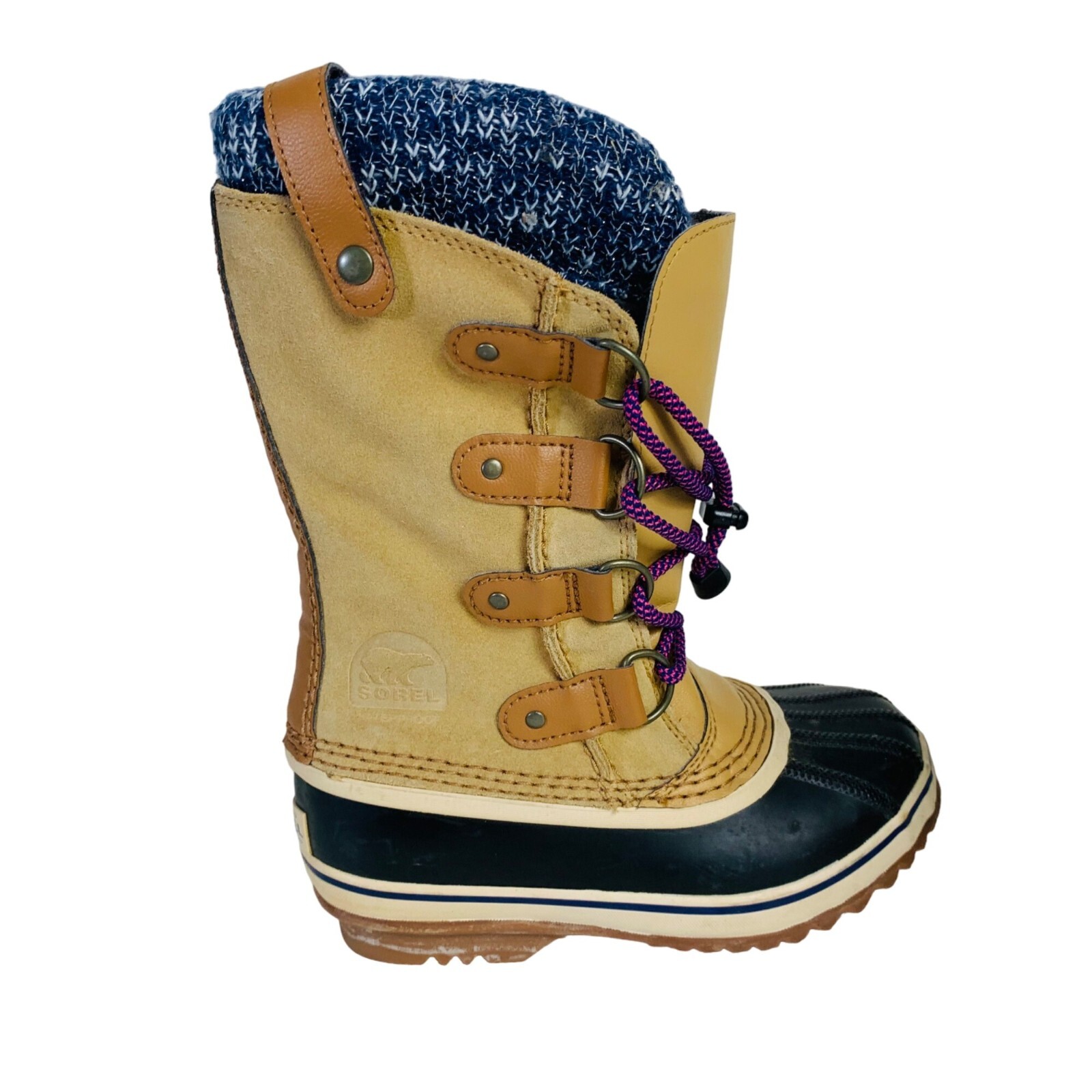 Sorel Big Kids Winter Boots Size 1 Joan of Arctic Nubuck Chunky Knit Girls Boys