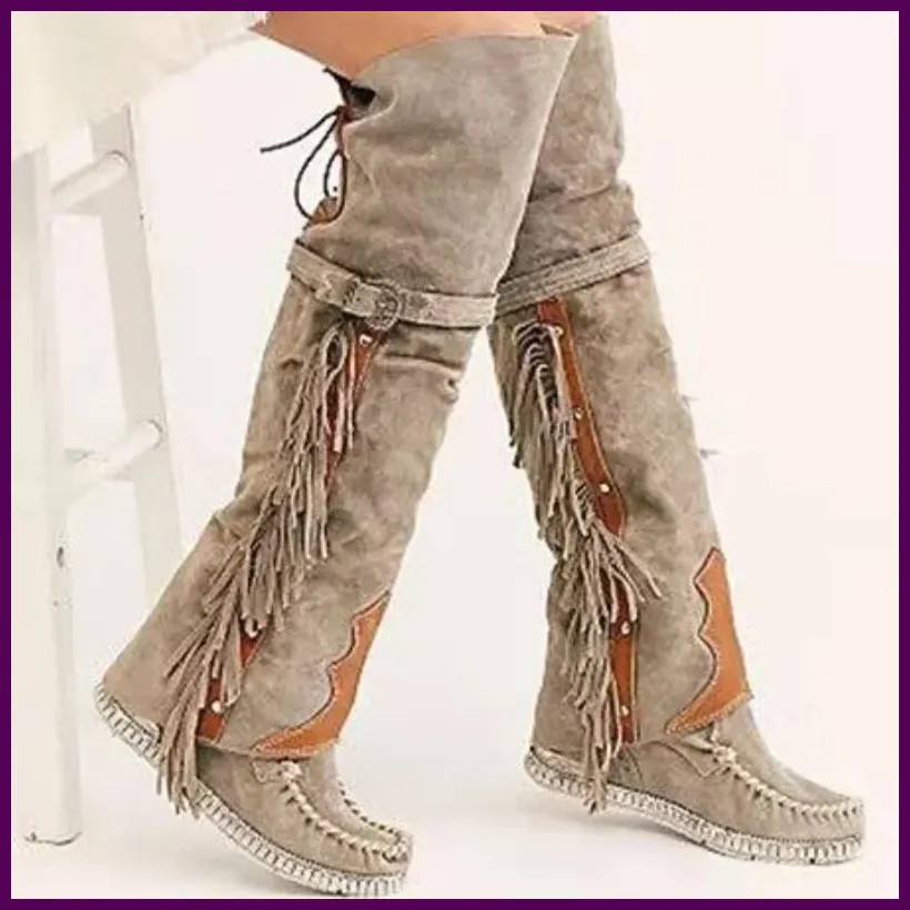Women Round Toe Suede Tassel Knee High Boots Buckle Strap Winter Shoes Boho