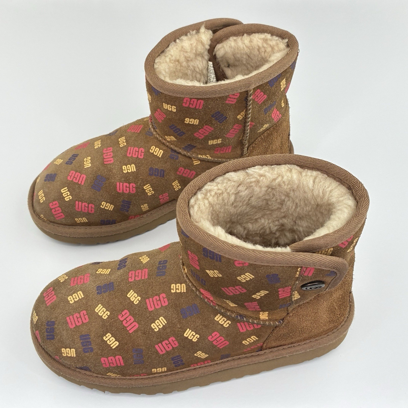 UGG Australia Girls Jona Confetti Logo Boots Kids Size 3 Suede Fur Lined Brown