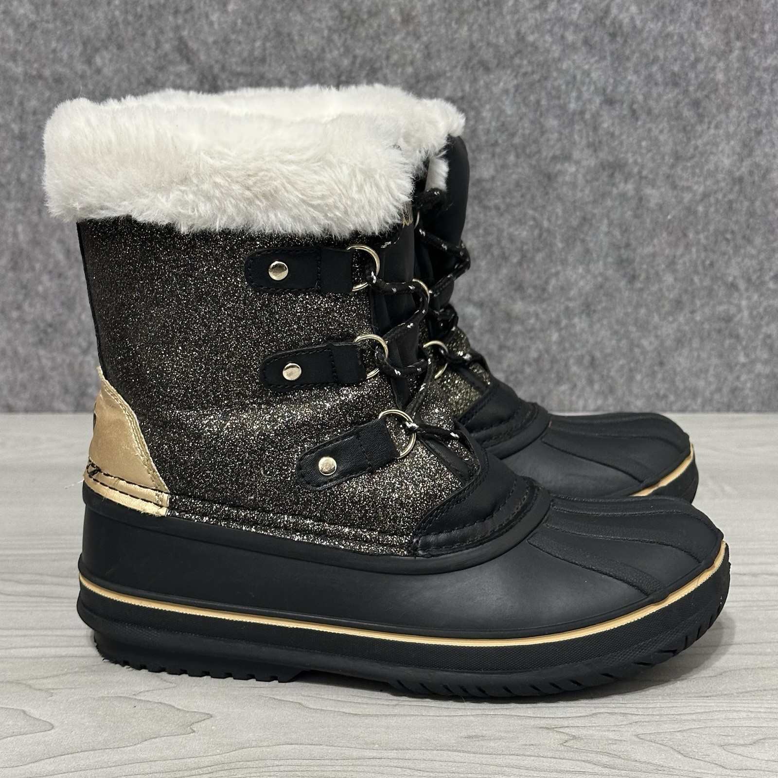 Juicy Couture Girls Black Gold Glitter Faux Fur Winter Snow Boots Size 4