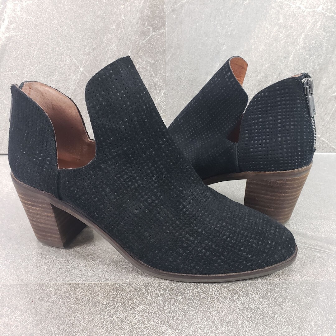 Lucky Brand Women Boots sz 8 M Black Ankle Booties Suede LK Powe Zip Block Heel