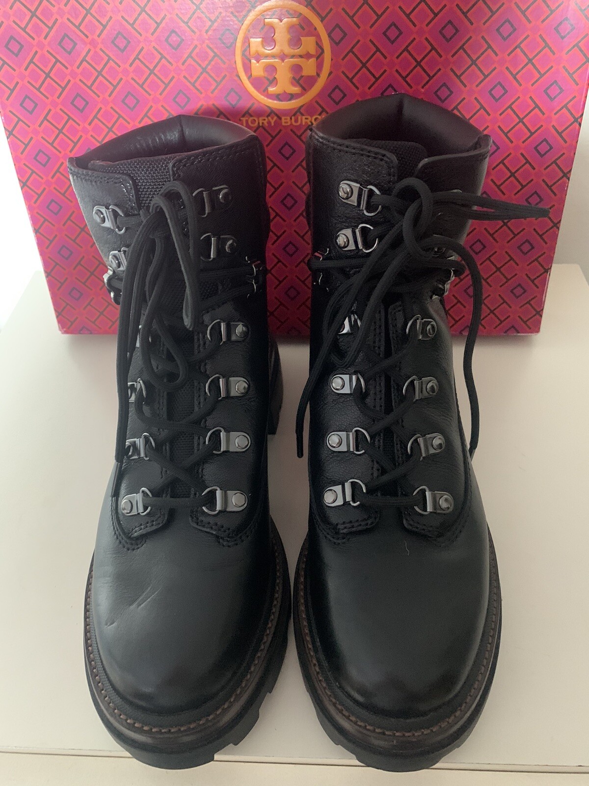 Tory Burch Women Boots Miller Lug Hiker Combat Black Lace Leather Logo US 9