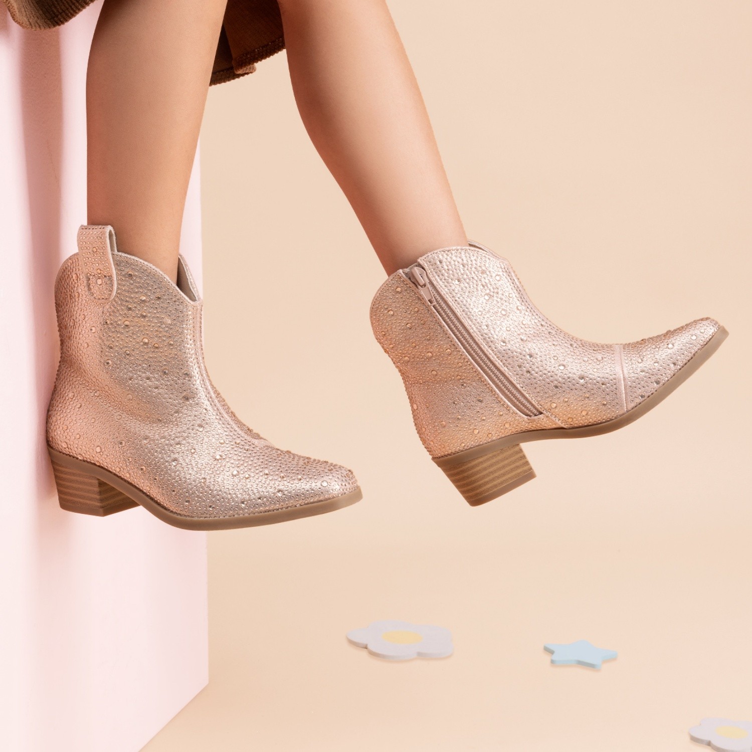 Girls Boots Cowgirl Cowboy Rhinestone Boots Ankle Low Heel Dress Booties