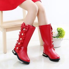 Girls Boots Children Plus Velvet Princess Leather Boots Pearl Bow Dress Show Par