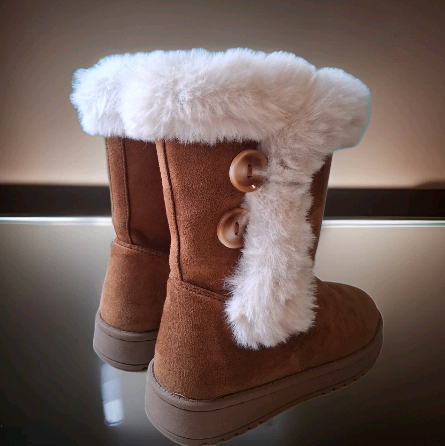 SO Sophia Girls Winter Boot Size 2 M Chestnut Brown Faux Fur Lining&Cuff Slip-On