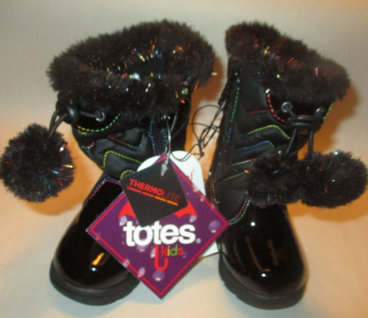 NWT Totes Maddie Toddler Girl 5 Fabric/Faux Fur Thermolite PomPom Side Zip Boots