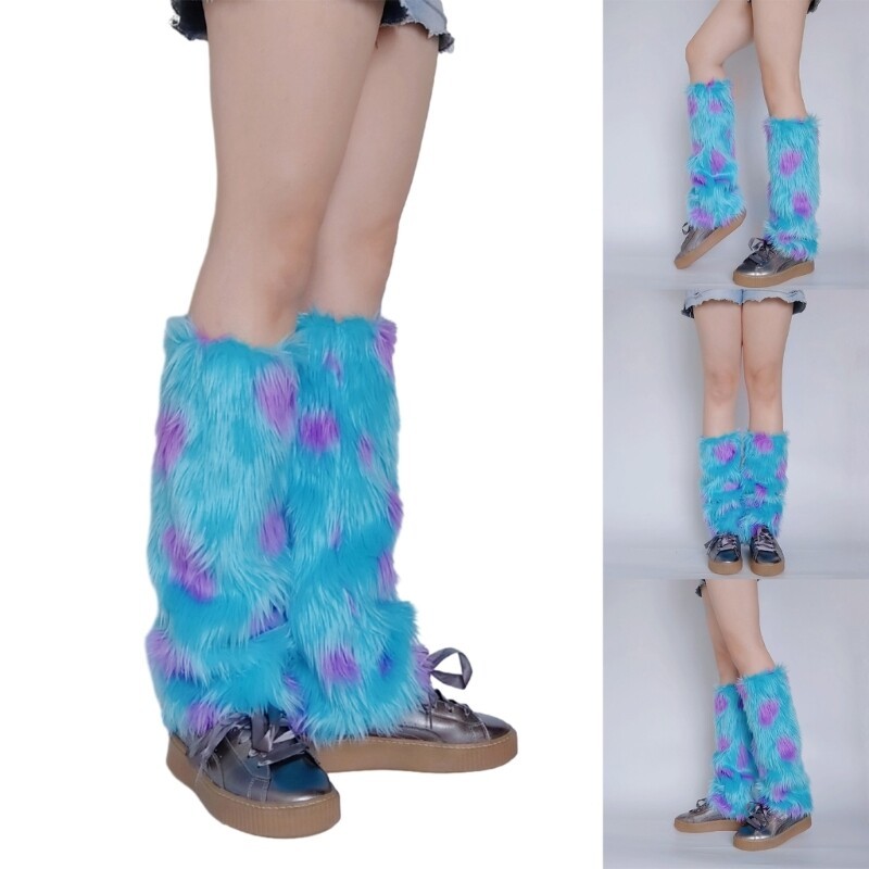 Women Winter Boots Cover Monsters Colorblock Furry Plush Leg Warmer Long Socks