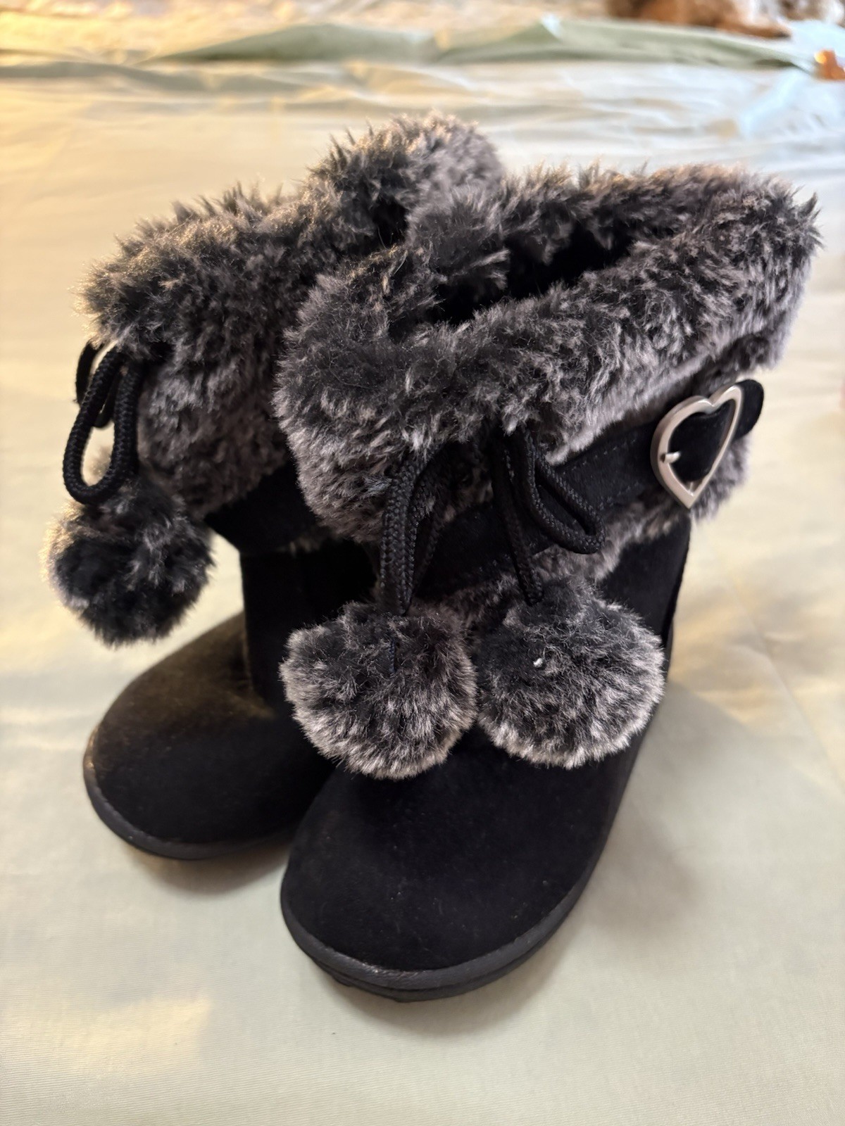 FG  Vera Girls Boots Size 8 Black Faux Suede & Gray Faux Fur Trim/Pom-Pom