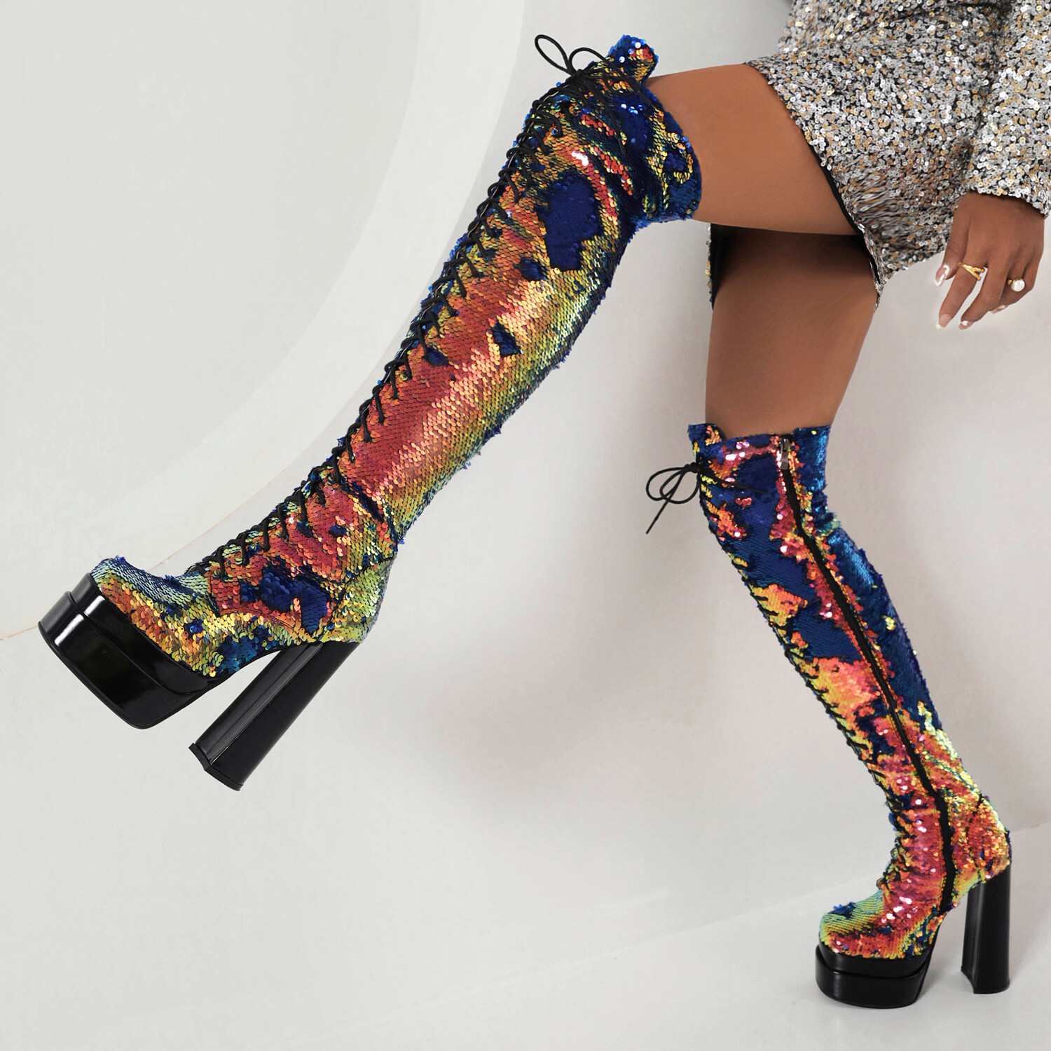 Shiny Women’s Glitter Over The Knee High Boots Block Heels Pumps Platform