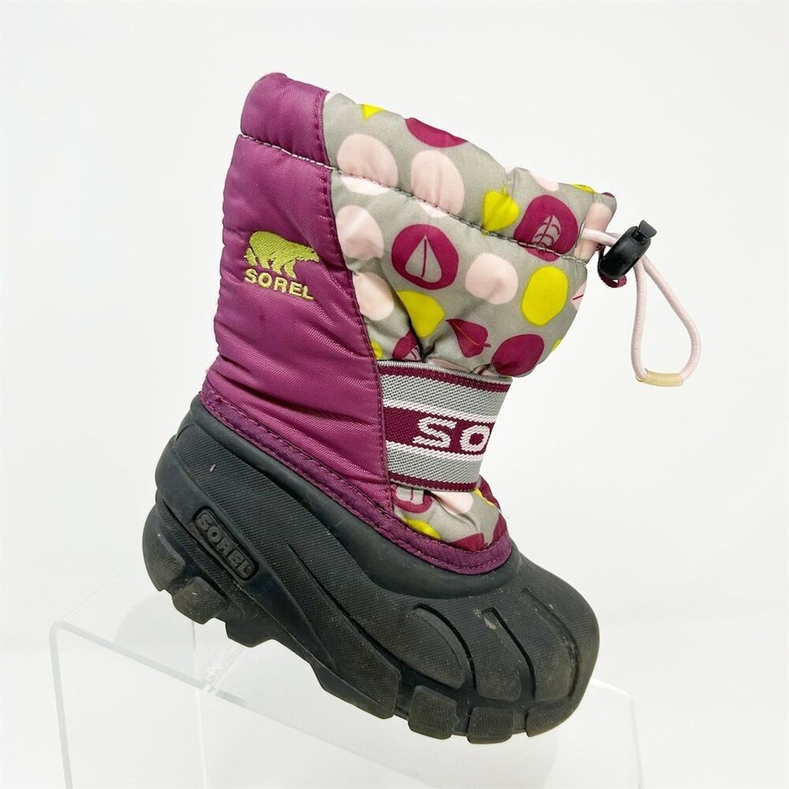 Sorel Girls’ Winter Snow Boots Purple Pink Polka Dot Leaves Size 8 Comfort