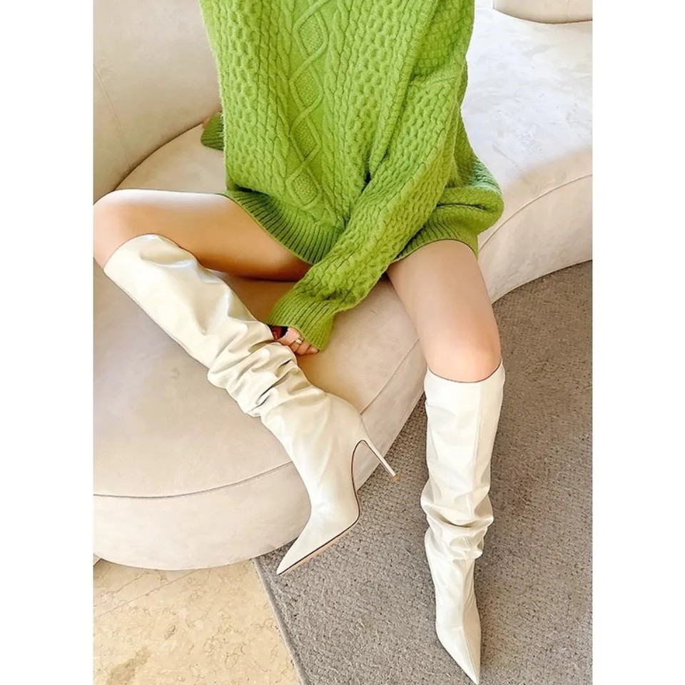 Women Boots White Knee High Folded Stacked Boots Pointed Toe Heels Tall Boots