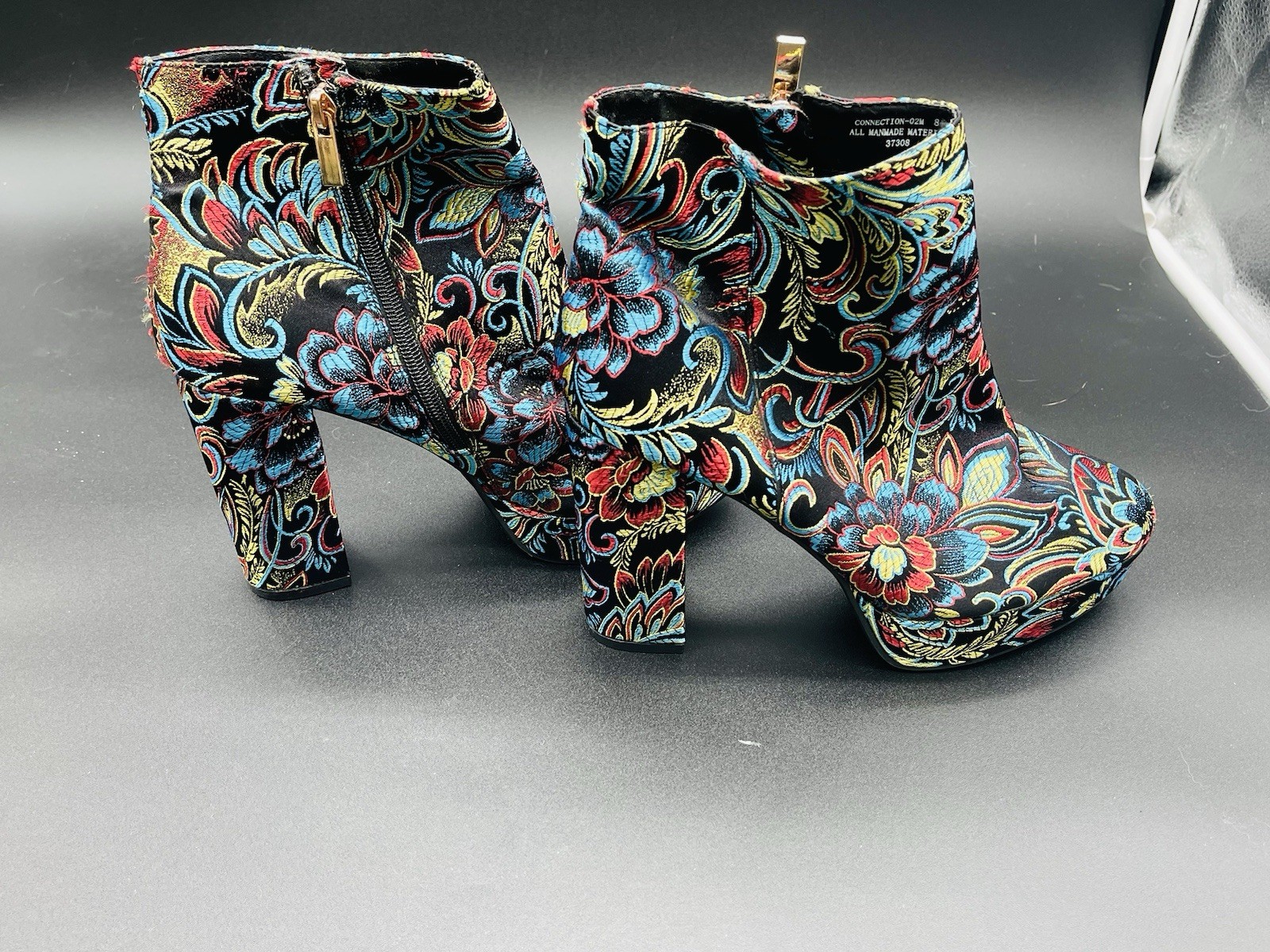 Bamboo Floral Embroidery, block high heel, faux fur ankle women boots  size: 8.5