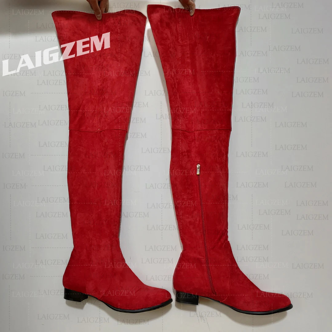 Women Boots Over Knee Round Toe Side Zip Low Heels Tall Boots Faux Suede Shoes