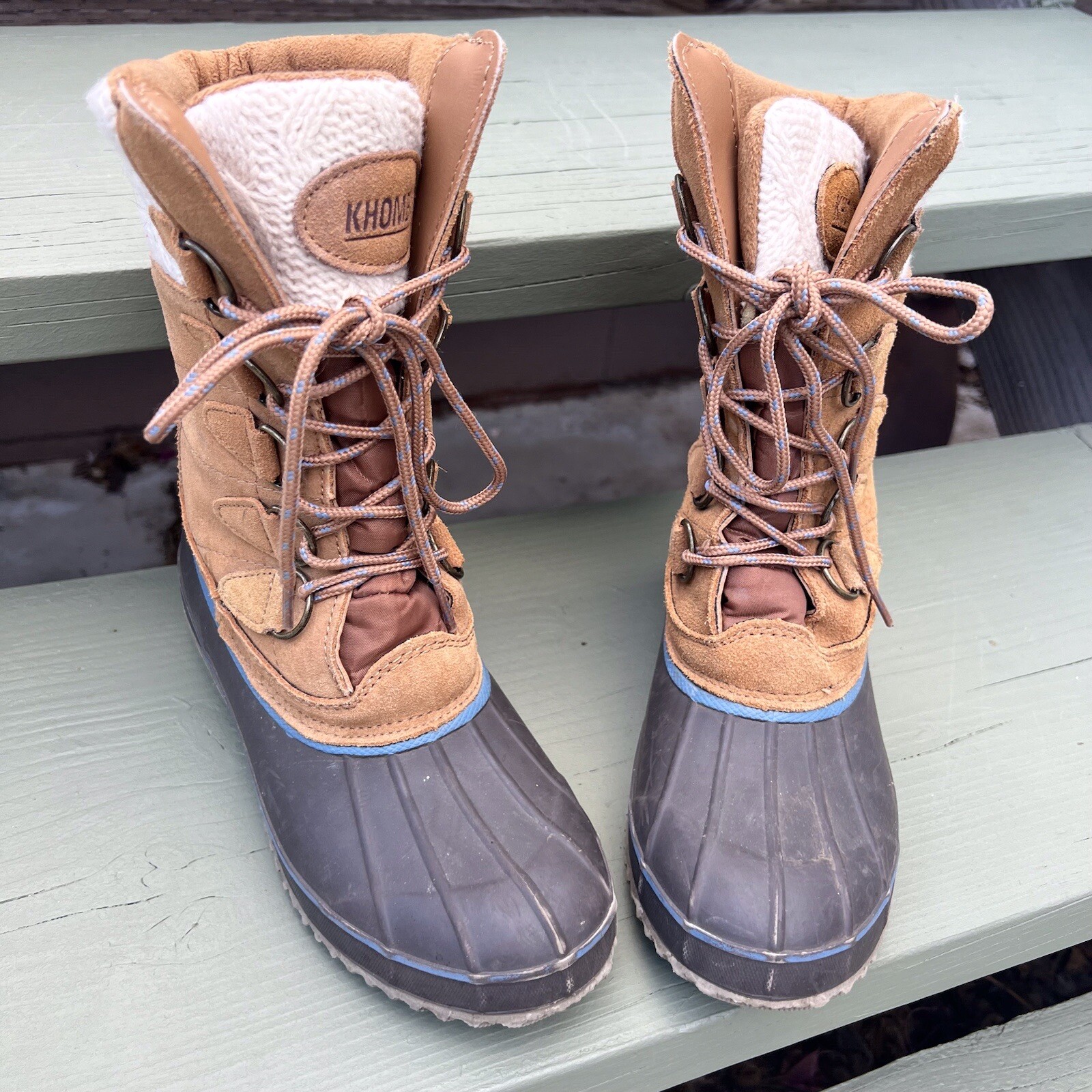 Khombu Suede Tan Leather Winter Snow Boots Sweater Trimmed Womens Size 8