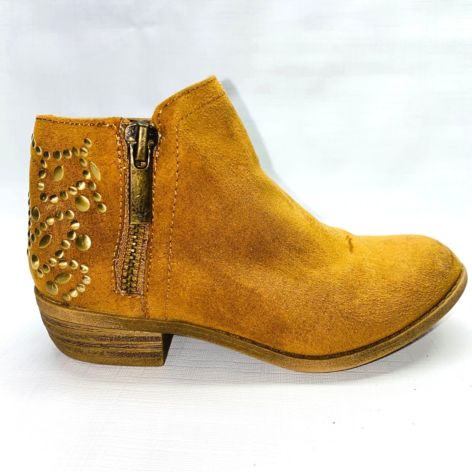 Kids Girls Mustard Yellow Suede Studded Ankle Boots Side Zip Size 11