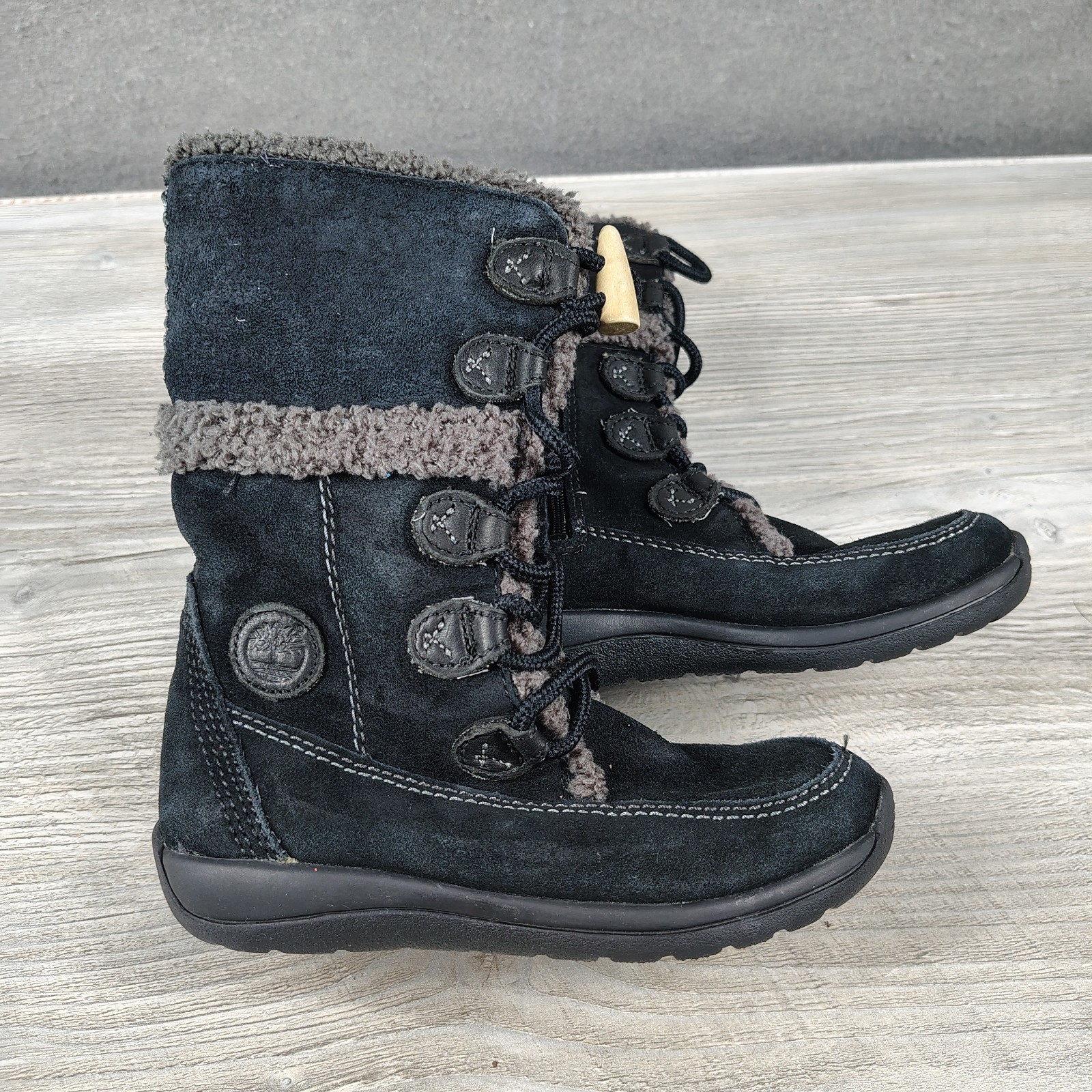 Timberland Girls Sz 11 Black Suede Fleece Lined Winter Boots Hiking Insulated