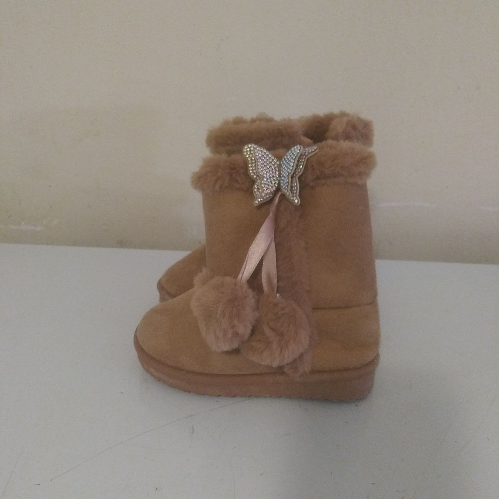 Girls Tan Faux Suede Fur-Lined Winter Boots with Pom Poms & Rhinestone Butterfly
