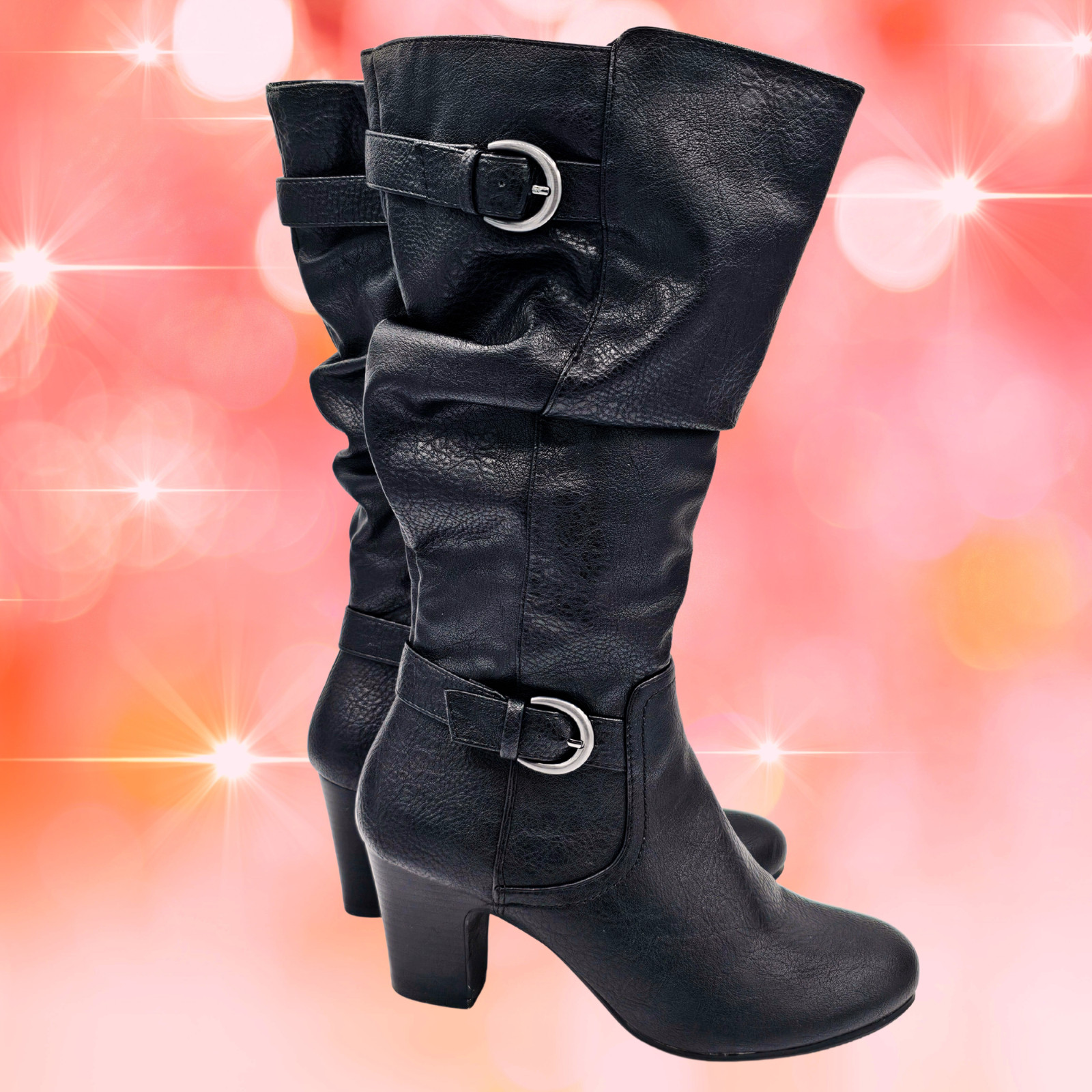 Ruiee Black Wide Calf Knee-High Slouch Boots Women’s 9 Est. Block Heel Zip
