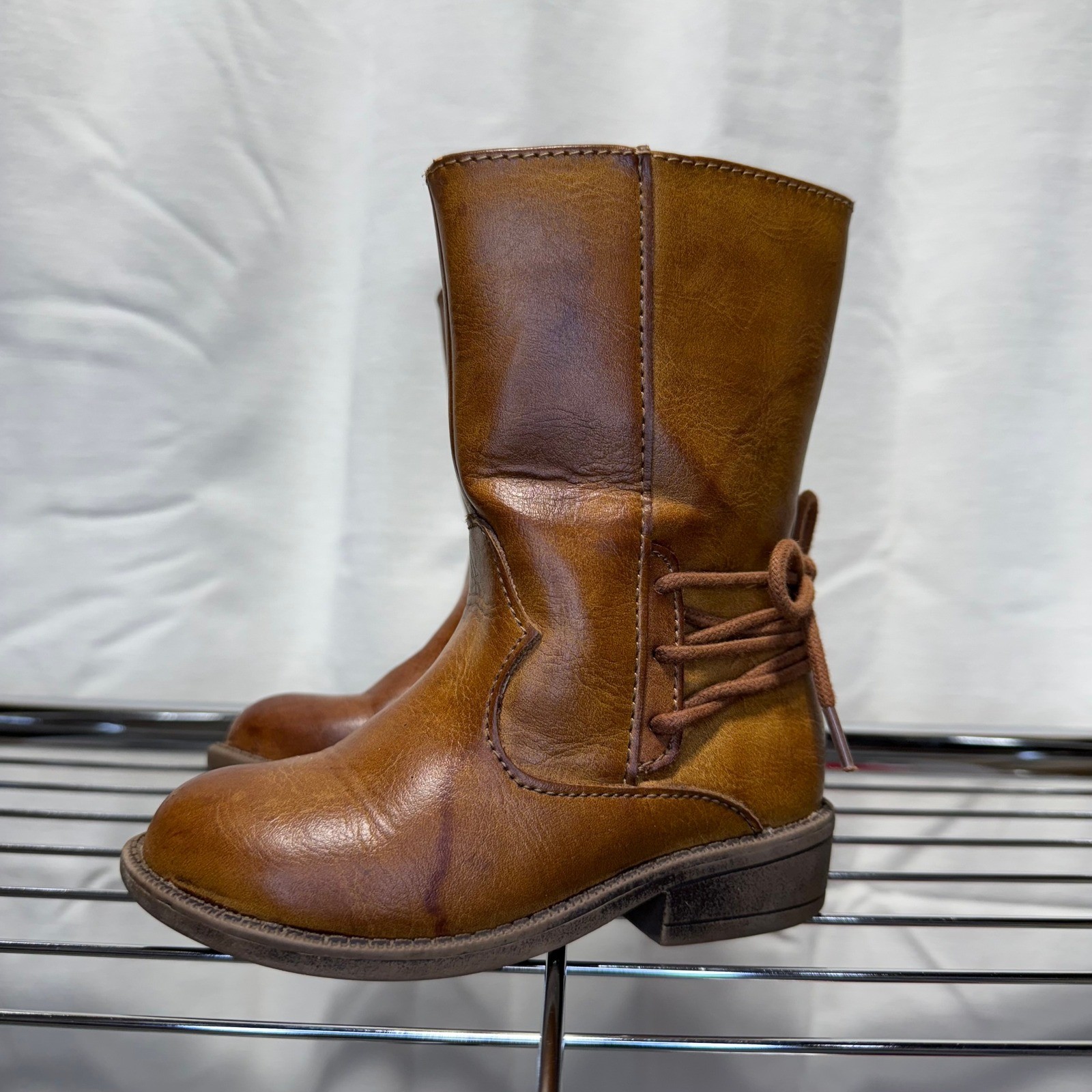 Kids Brown Faux Leather Boots Side Zipper Lace Up Detail Western Style Size 8