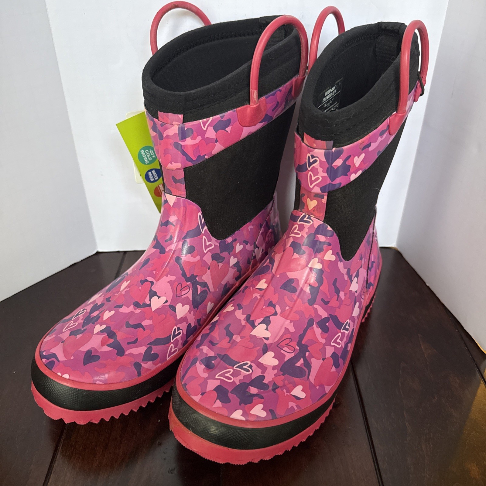 Western Chief Girls Boots Kids Sz 2/3 Waterproof Neoprene Pink Hearts Rain Snow