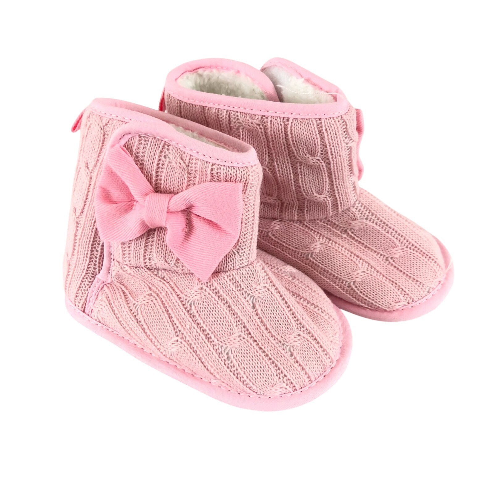 Baby Girls Boots Knit Faux Fur Lined Slip On Bow Pink Soft Sole US Size 2