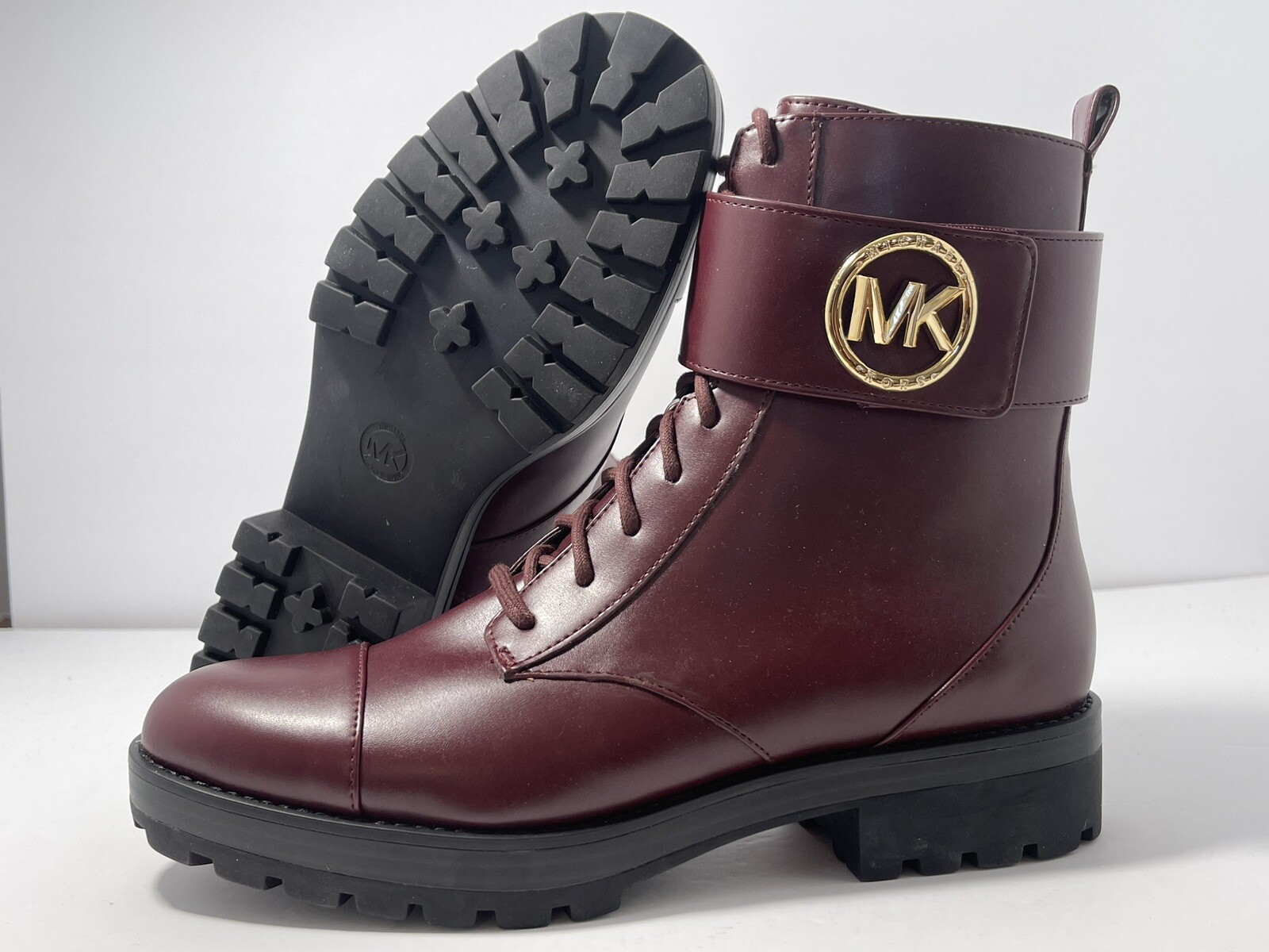 New Michael Kors Tatum Maroon Combat Lace Up Logo Women Boots Size 6.5-10 US