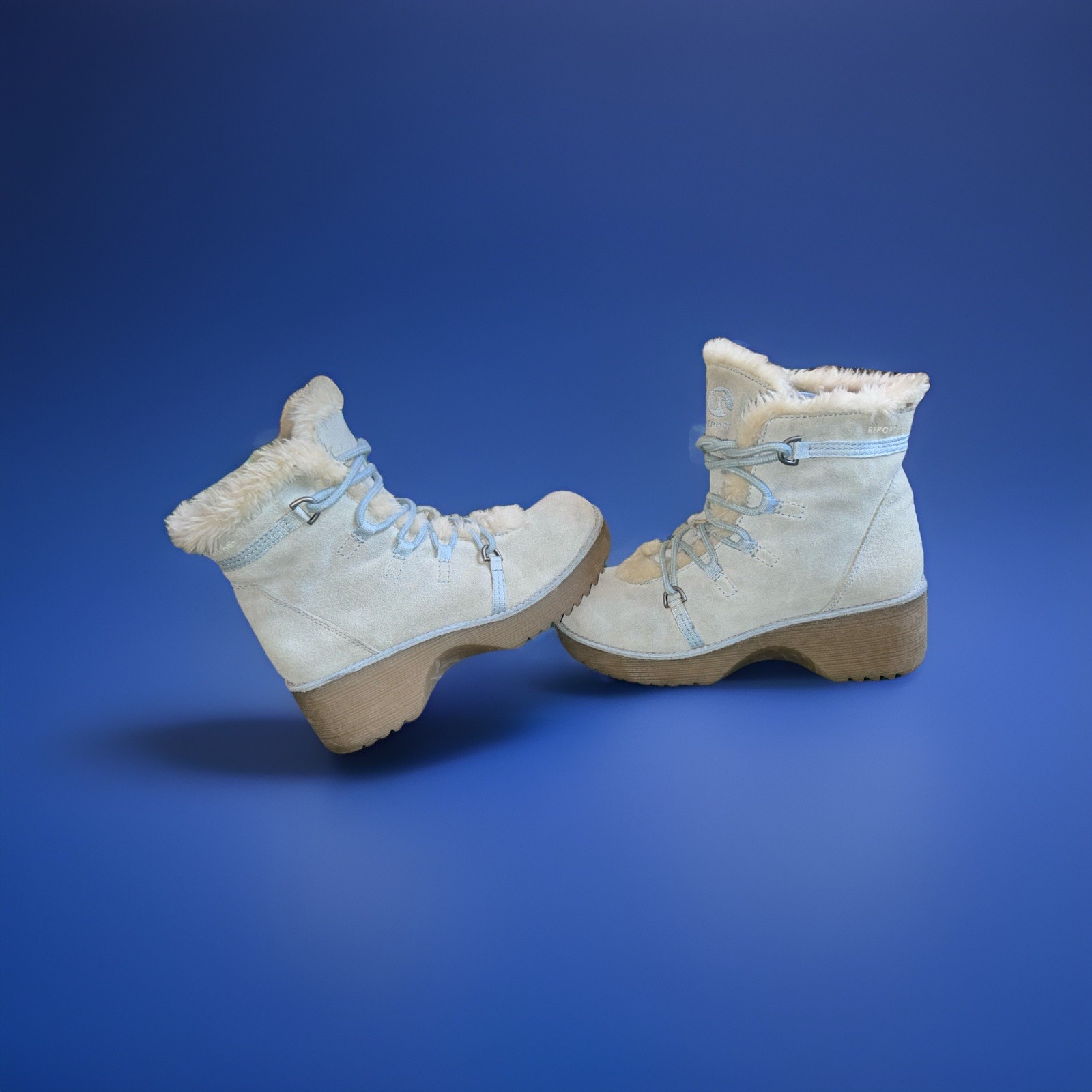 Vintage Y2K Report Suede BabyBlue Leather Platform Furry Boots 8 Faux Shearling