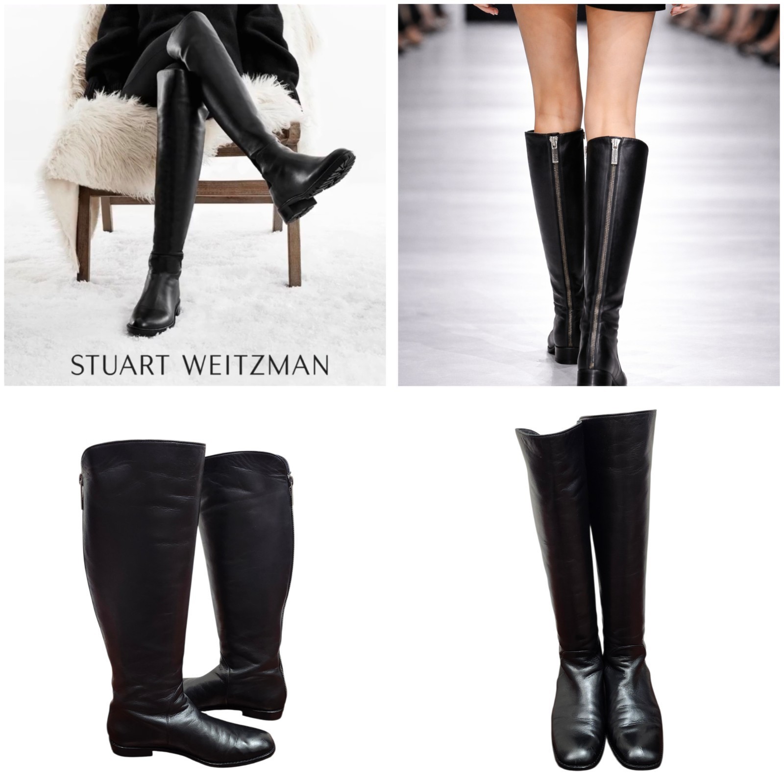 Stuart Weitzman Black Leather Knee High Riding Boots Side Zip Size 7.5 M