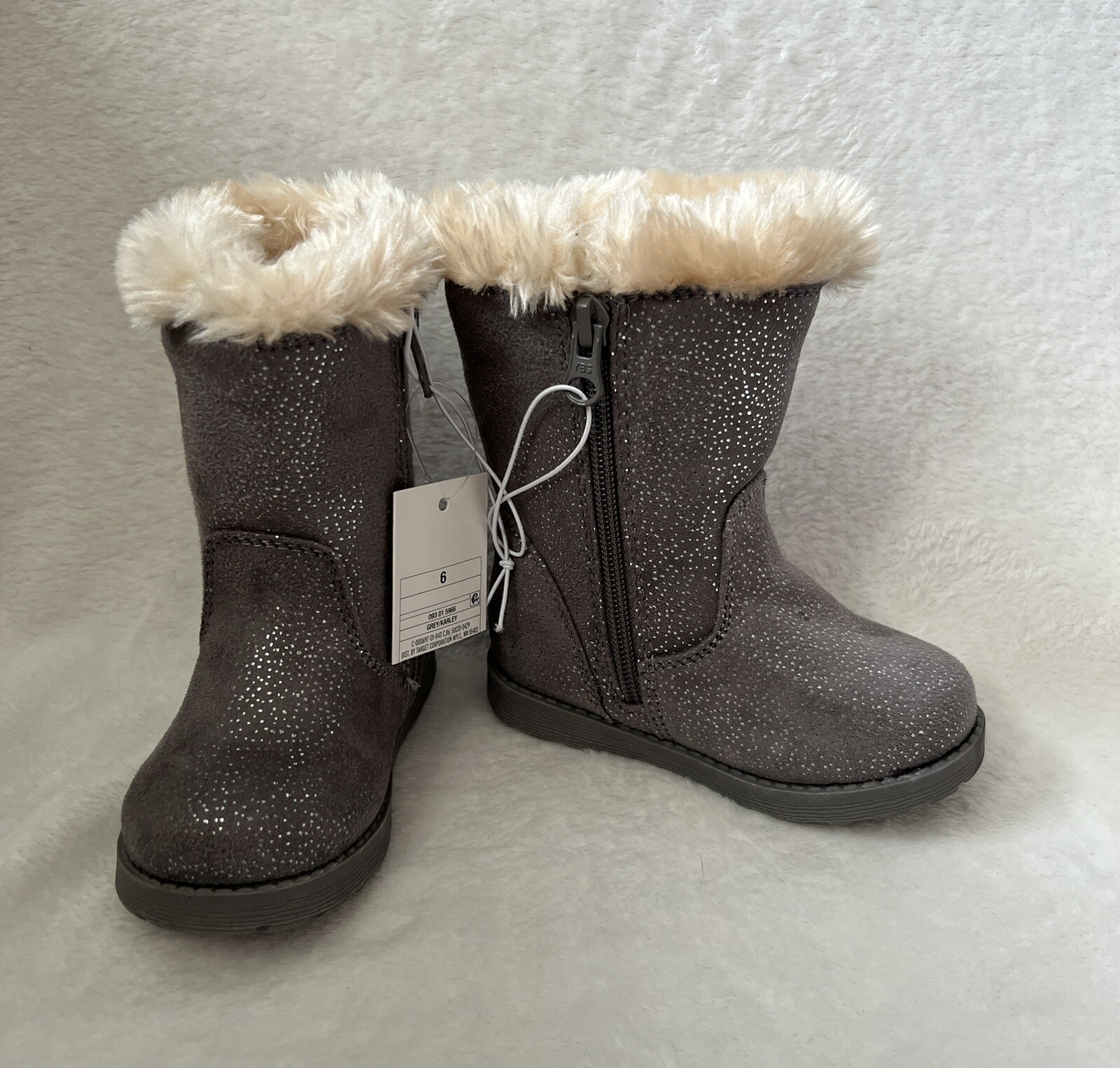 Cat & Jack Toddler Girls Winter Boots Sz 6 Karley Faux Fur Shimmer Gray