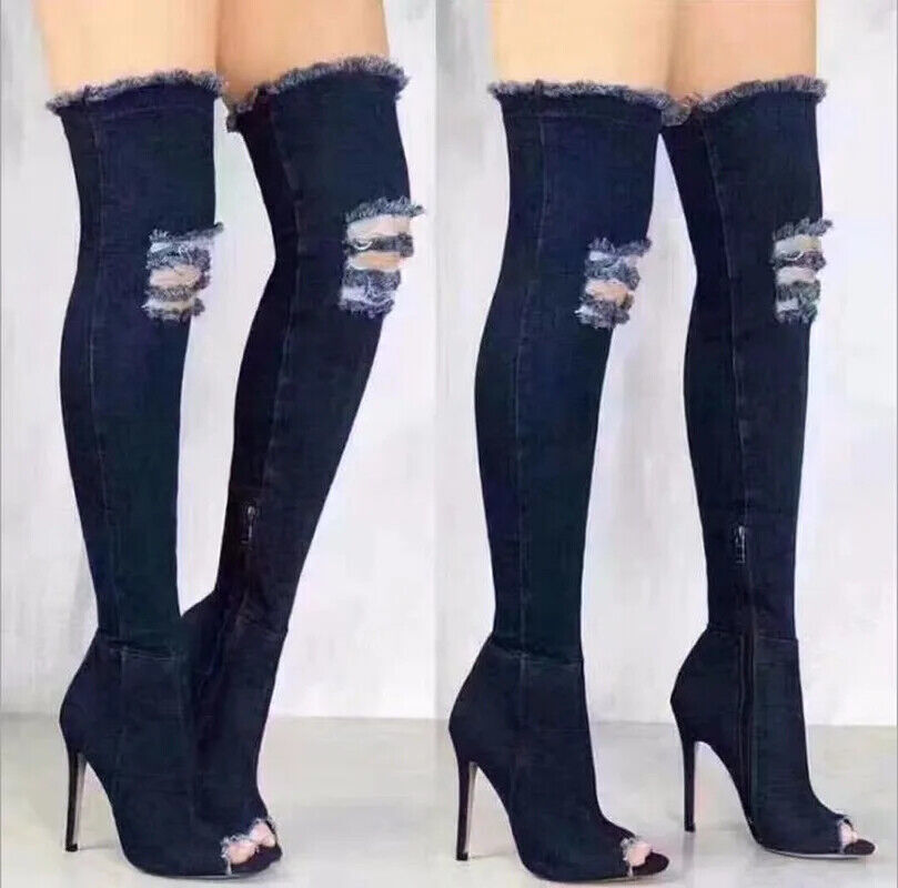 New Women Boots Thigh High Boots Heels Club Party Tassel Jean Boot Ladies Shoes