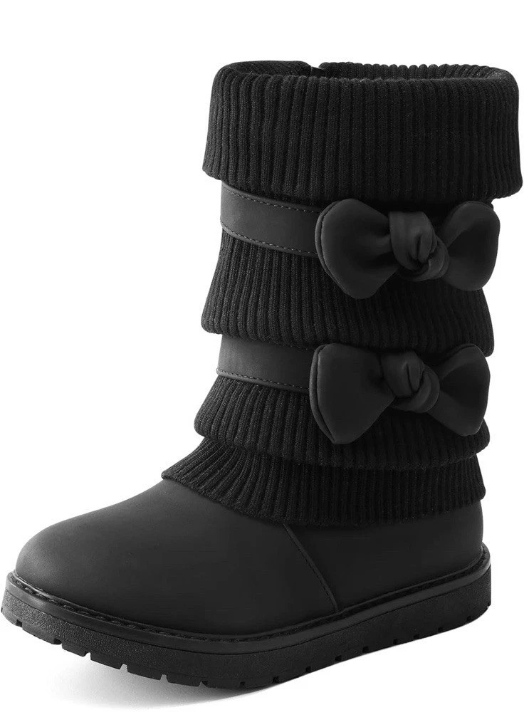 Dream Pairs Girl’s Size 1 Black Knit Bow Detail Winter Boots Shoes