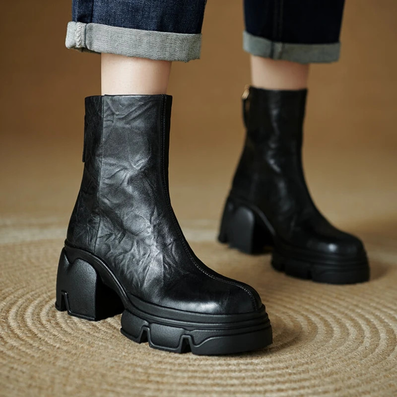 Women Round Toe Chunky Heel Ankle Boots Platform Autumn Winter Short Boot Shoes