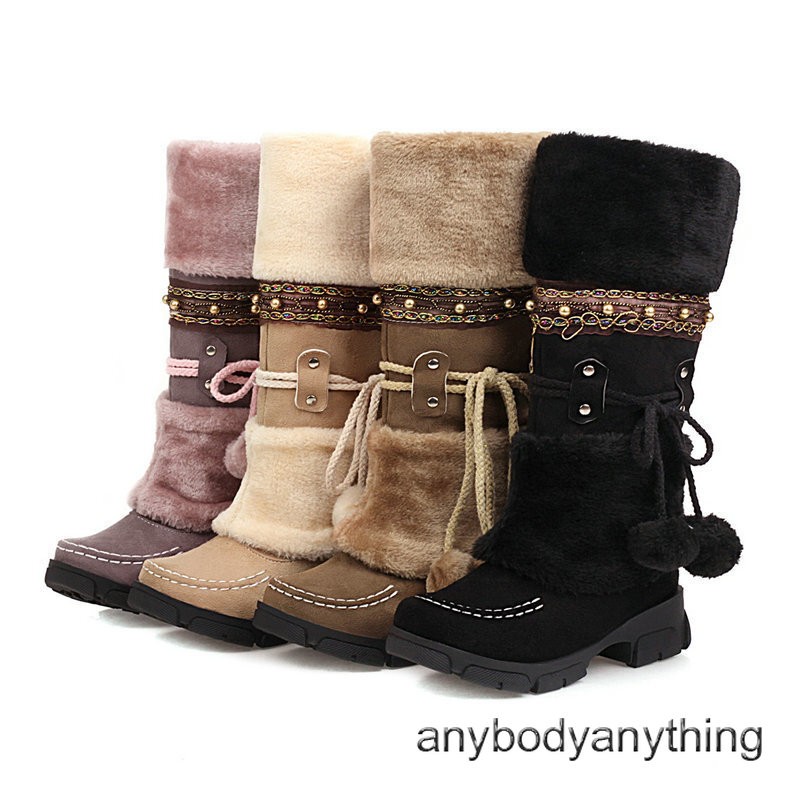 Women Winter Boots Ladies Fur Lined Warm Casual Slip on Mid-Calf Boot Shoes