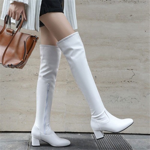 Fleece Knee High Boots Women Winter Boots Square Toe Boots Zipper Boots size