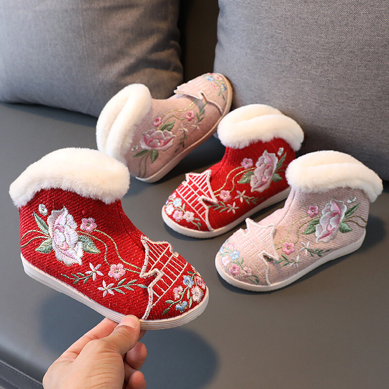 Girls’ Winter Boots, Children’s Embroidered Shoes and Velvet Cotton Shoes, Hanfu