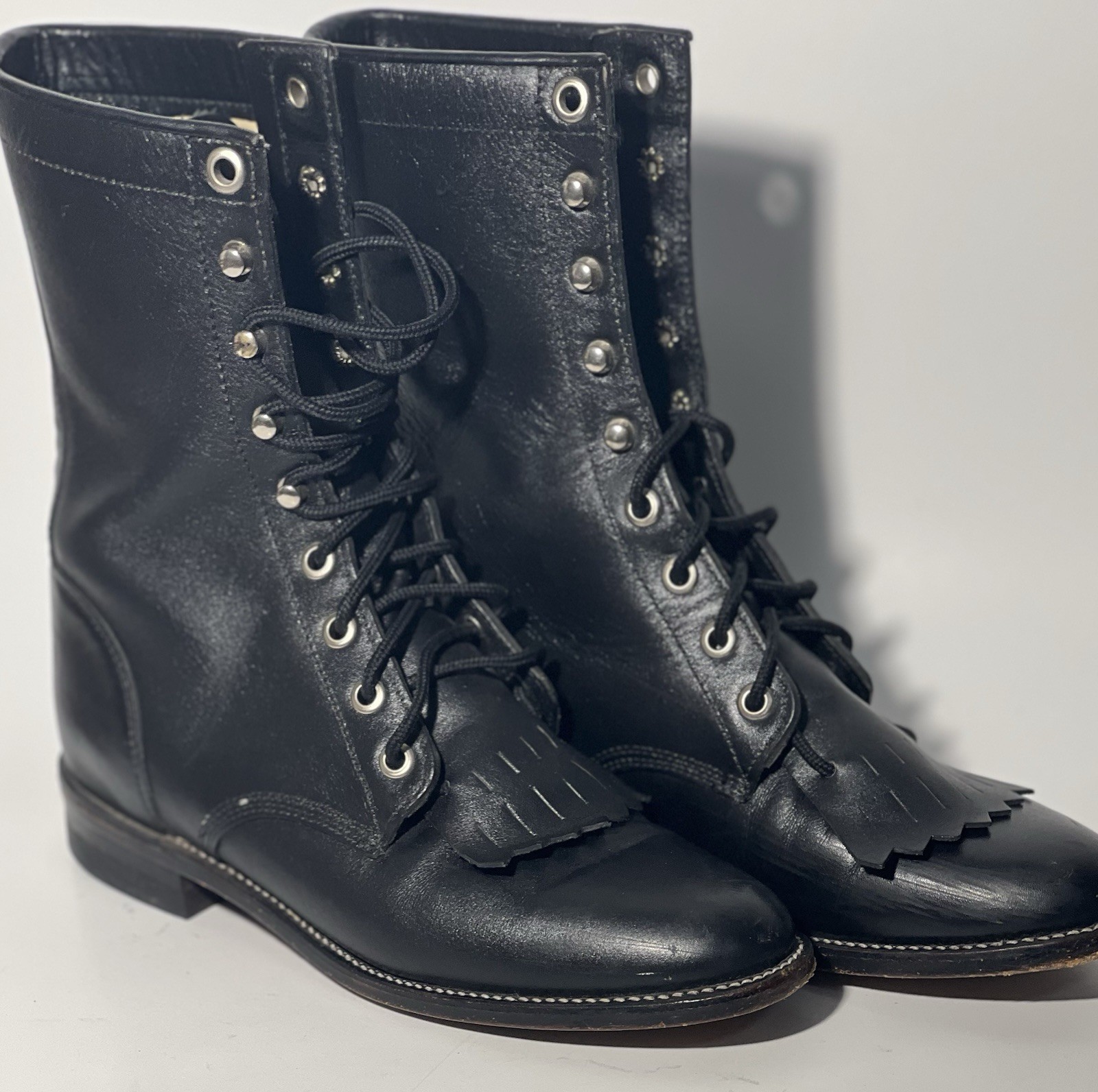 Justin Leather Combat Boots Size 5.5 B Black L 506 Lace Up Made In USA Vintage